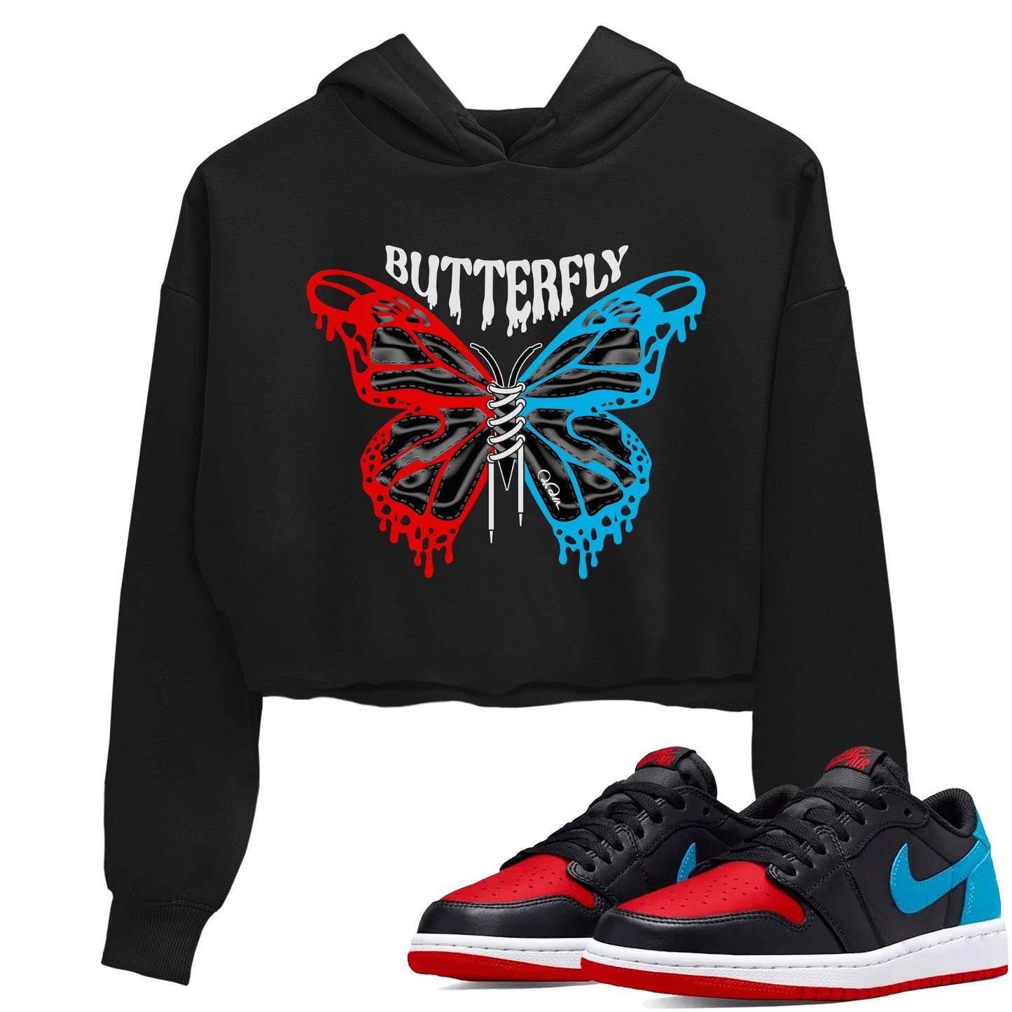 Air Jordan 1 UNC to Chicago Sneaker Match Tees Butterfly Streetwear Sneaker Shirt AJ1 UNC to Chicago Sneaker Release Tees Women's Shirts Black 1
