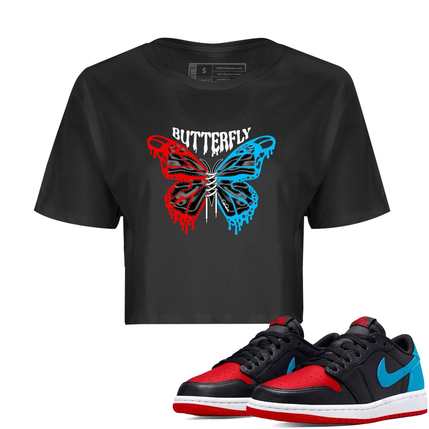 Air Jordan 1 UNC to Chicago Sneaker Match Tees Butterfly Streetwear Sneaker Shirt AJ1 UNC to Chicago Sneaker Release Tees Women's Shirts Black 1