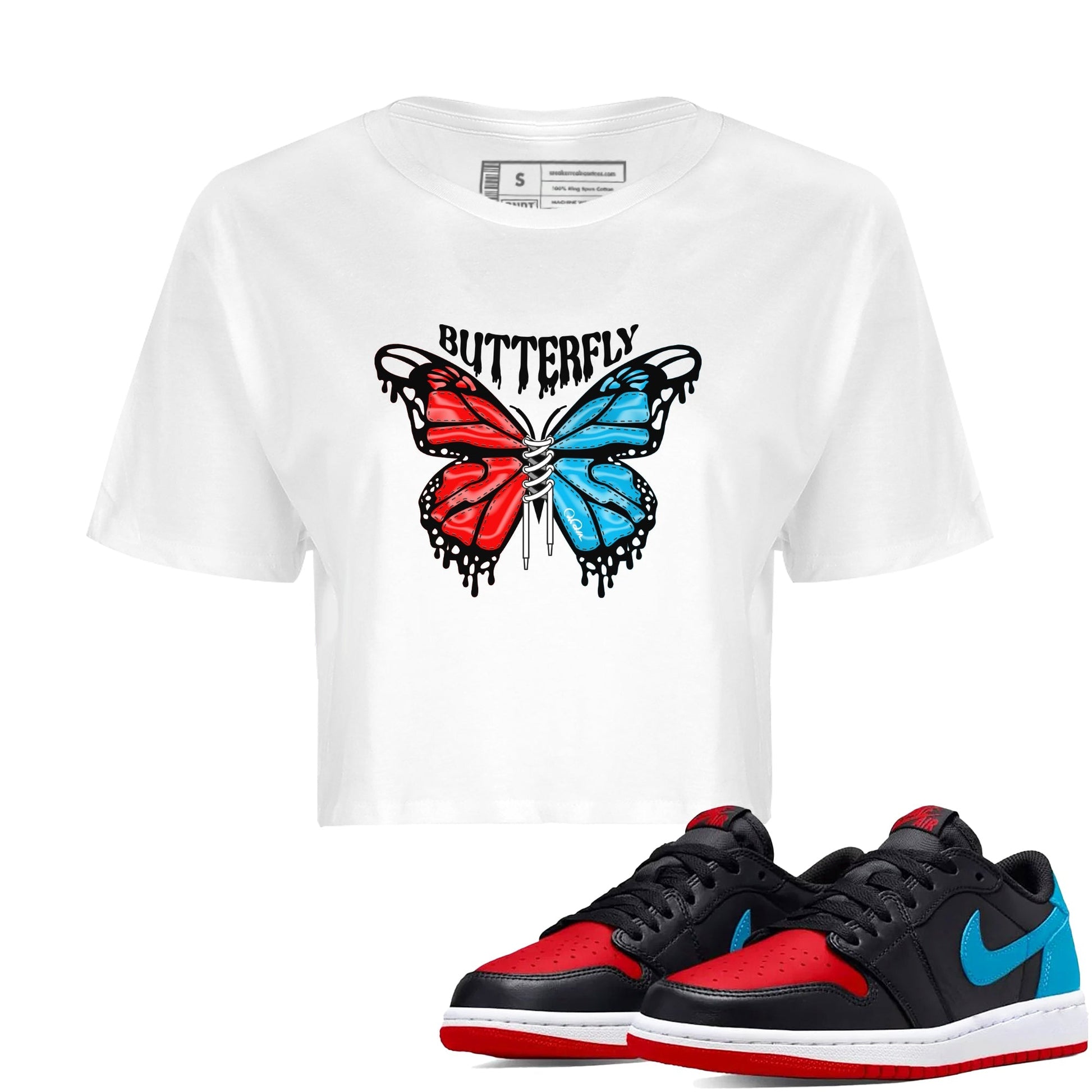 Air Jordan 1 UNC to Chicago Sneaker Match Tees Butterfly Streetwear Sneaker Shirt AJ1 UNC to Chicago Sneaker Release Tees Women's Shirts White 1