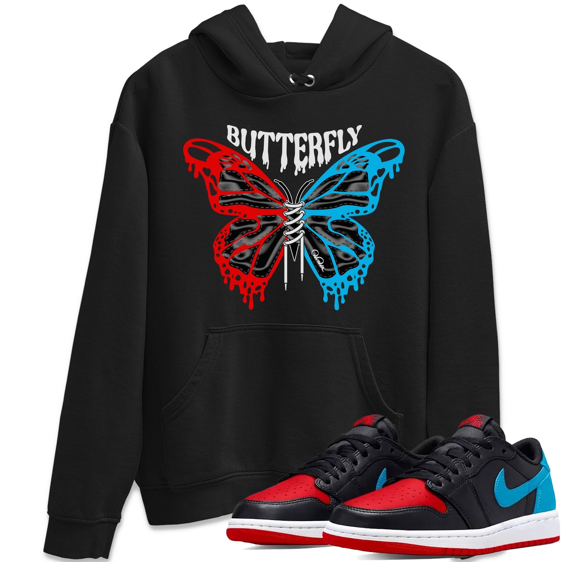 Air Jordan 1 UNC to Chicago Sneaker Match Tees Butterfly Streetwear Sneaker Shirt AJ1 UNC to Chicago Sneaker Release Tees Unisex Shirts Black 1