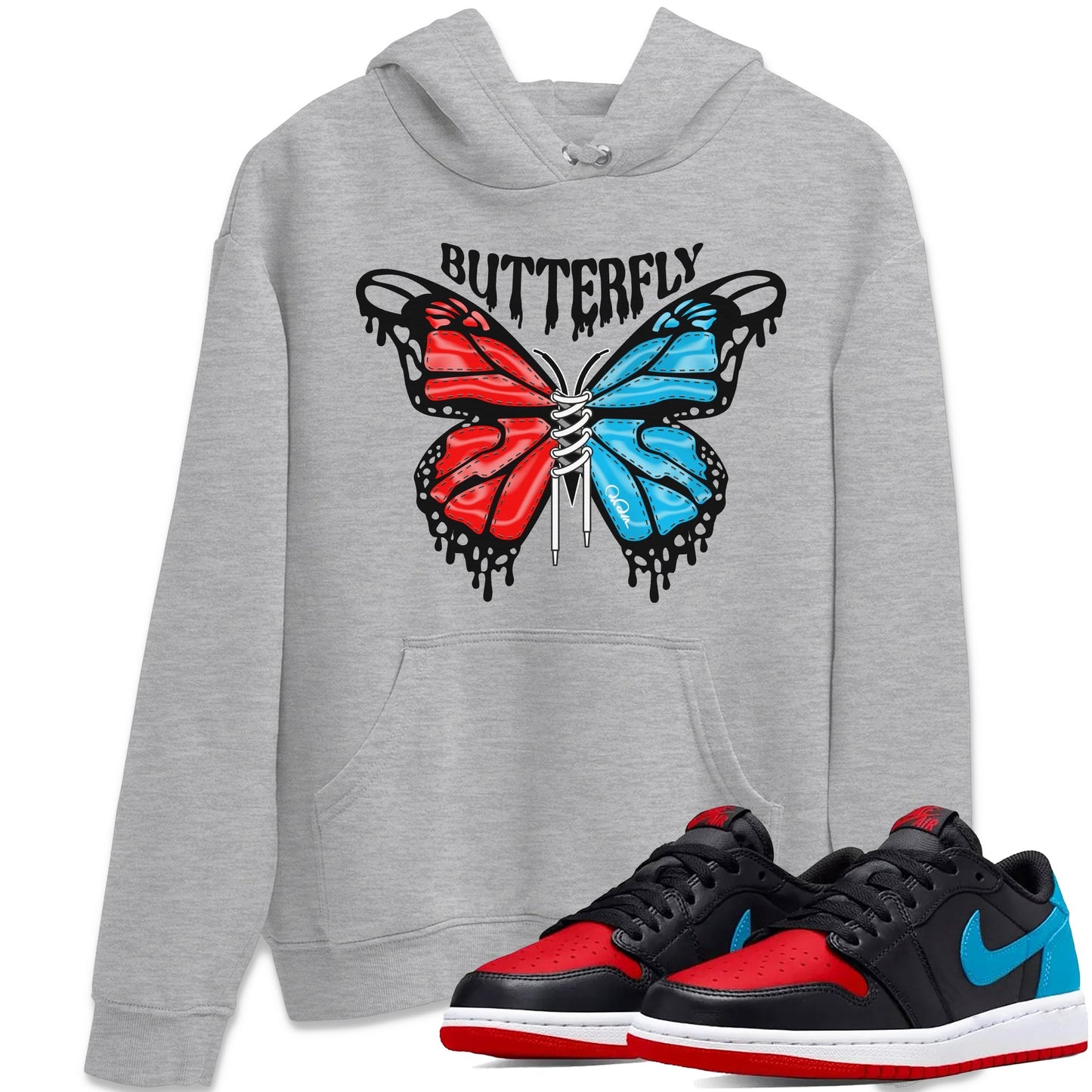 Air Jordan 1 UNC to Chicago Sneaker Match Tees Butterfly Streetwear Sneaker Shirt AJ1 UNC to Chicago Sneaker Release Tees Unisex Shirts Heather Grey 1