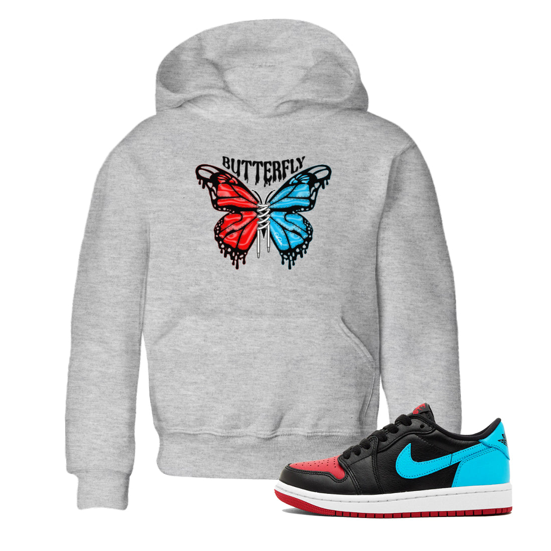 Air Jordan 1 UNC to Chicago Sneaker Match Tees Butterfly Streetwear Sneaker Shirt AJ1 UNC to Chicago Sneaker Release Tees Kids Shirts Heather Grey 1