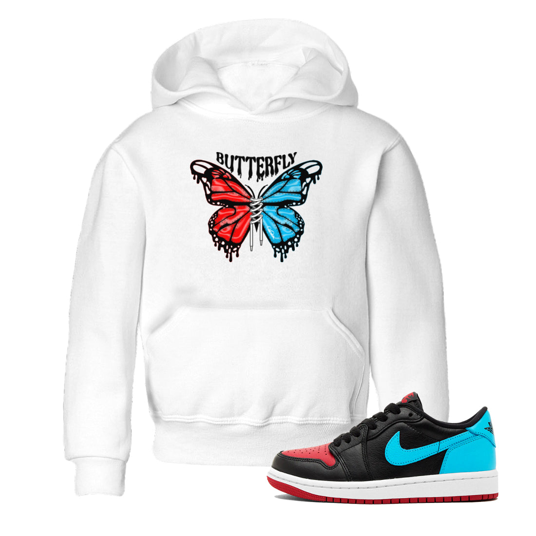 Air Jordan 1 UNC to Chicago Sneaker Match Tees Butterfly Streetwear Sneaker Shirt AJ1 UNC to Chicago Sneaker Release Tees Kids Shirts White 1
