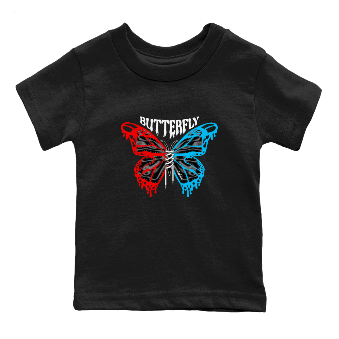 Air Jordan 1 UNC to Chicago Sneaker Match Tees Butterfly Streetwear Sneaker Shirt AJ1 UNC to Chicago Sneaker Release Tees Kids Shirts Black 2