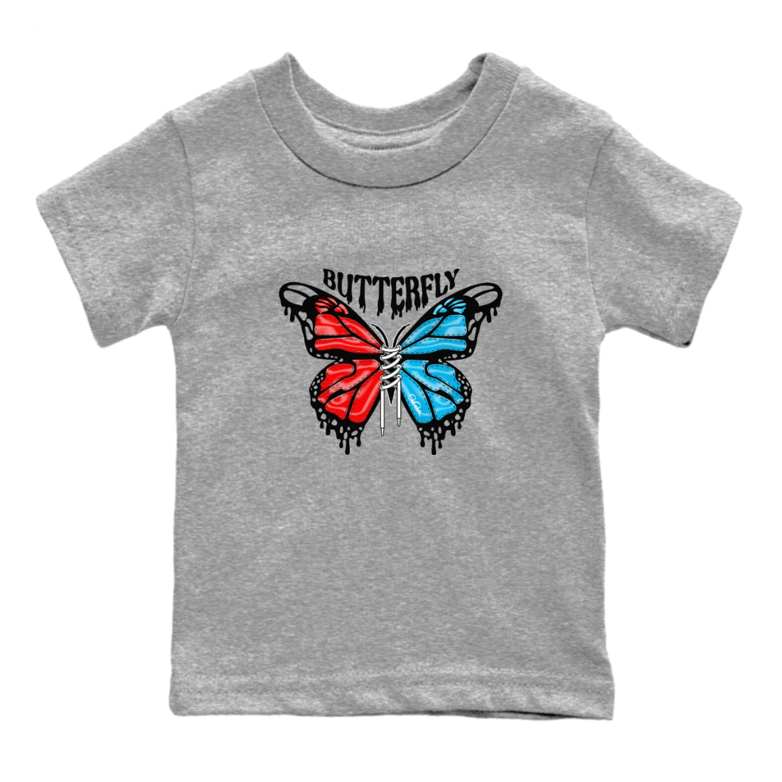 Air Jordan 1 UNC to Chicago Sneaker Match Tees Butterfly Streetwear Sneaker Shirt AJ1 UNC to Chicago Sneaker Release Tees Kids Shirts Heather Grey 2