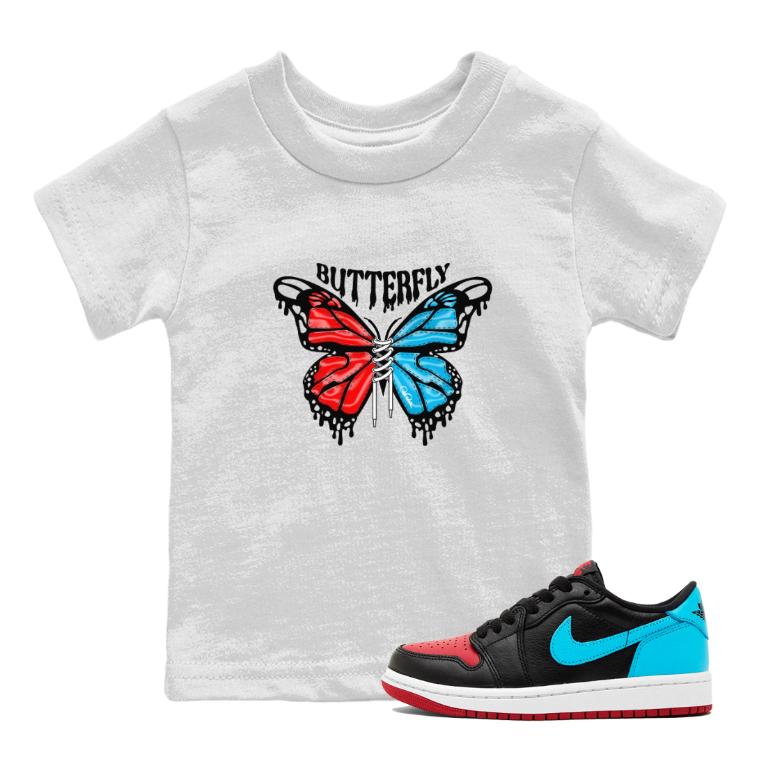 Air Jordan 1 UNC to Chicago Sneaker Match Tees Butterfly Streetwear Sneaker Shirt AJ1 UNC to Chicago Sneaker Release Tees Kids Shirts White 1