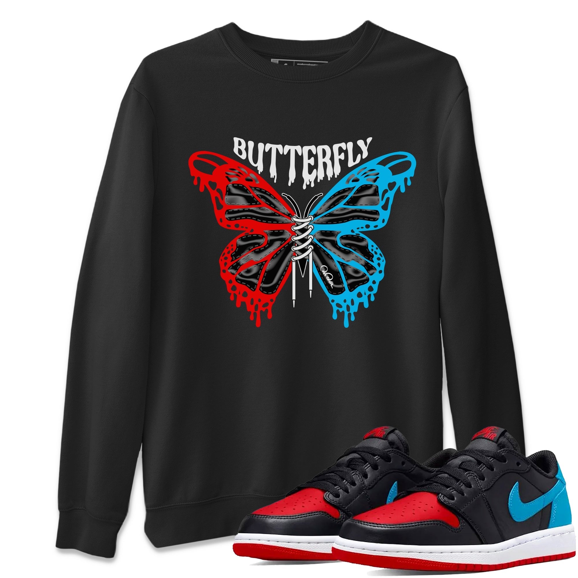 Air Jordan 1 UNC to Chicago Sneaker Match Tees Butterfly Streetwear Sneaker Shirt AJ1 UNC to Chicago Sneaker Release Tees Unisex Shirts Black 1