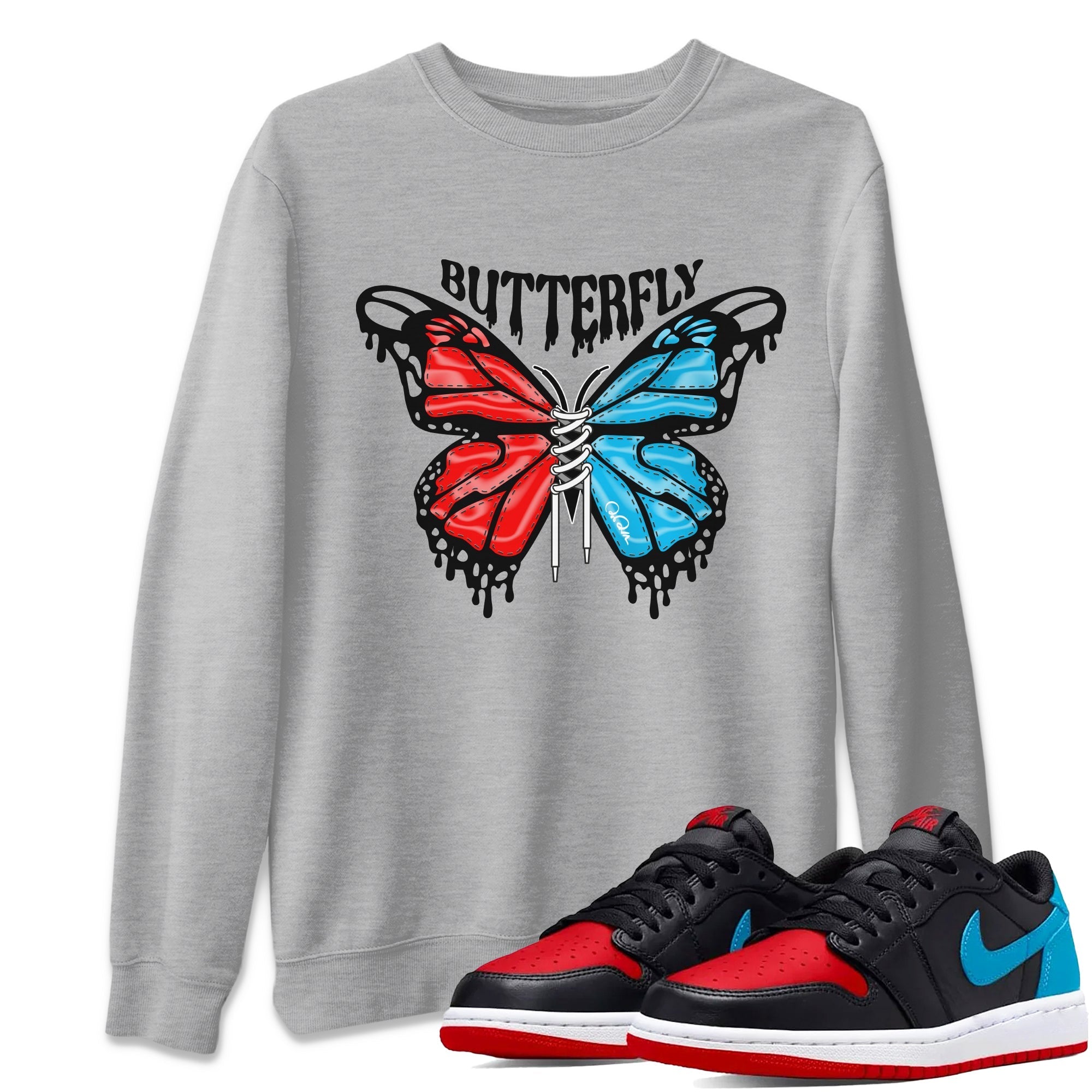 Air Jordan 1 UNC to Chicago Sneaker Match Tees Butterfly Streetwear Sneaker Shirt AJ1 UNC to Chicago Sneaker Release Tees Unisex Shirts Heather Grey 1