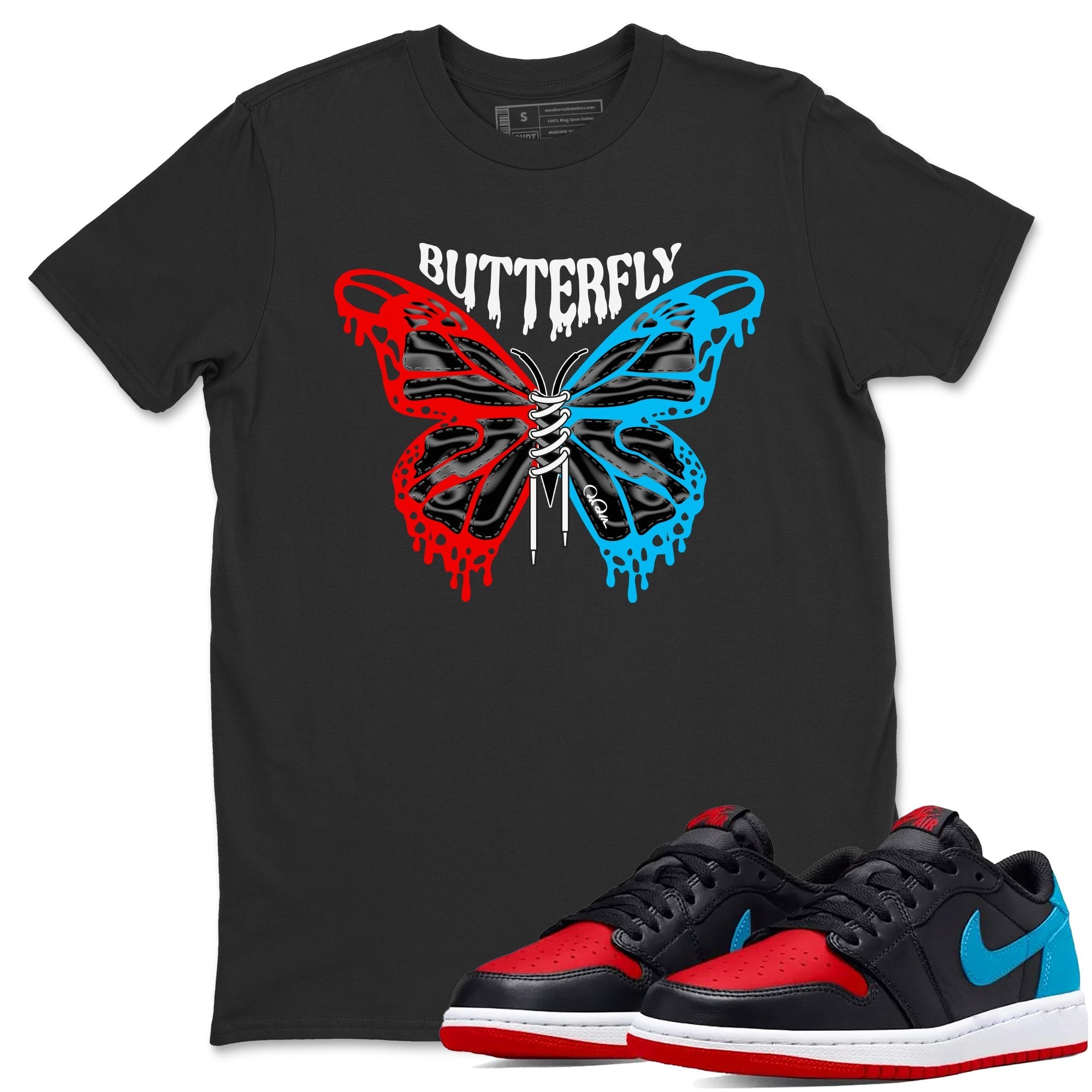 Air Jordan 1 UNC to Chicago Sneaker Match Tees Butterfly Streetwear Sneaker Shirt AJ1 UNC to Chicago Sneaker Release Tees Unisex Shirts Black 1