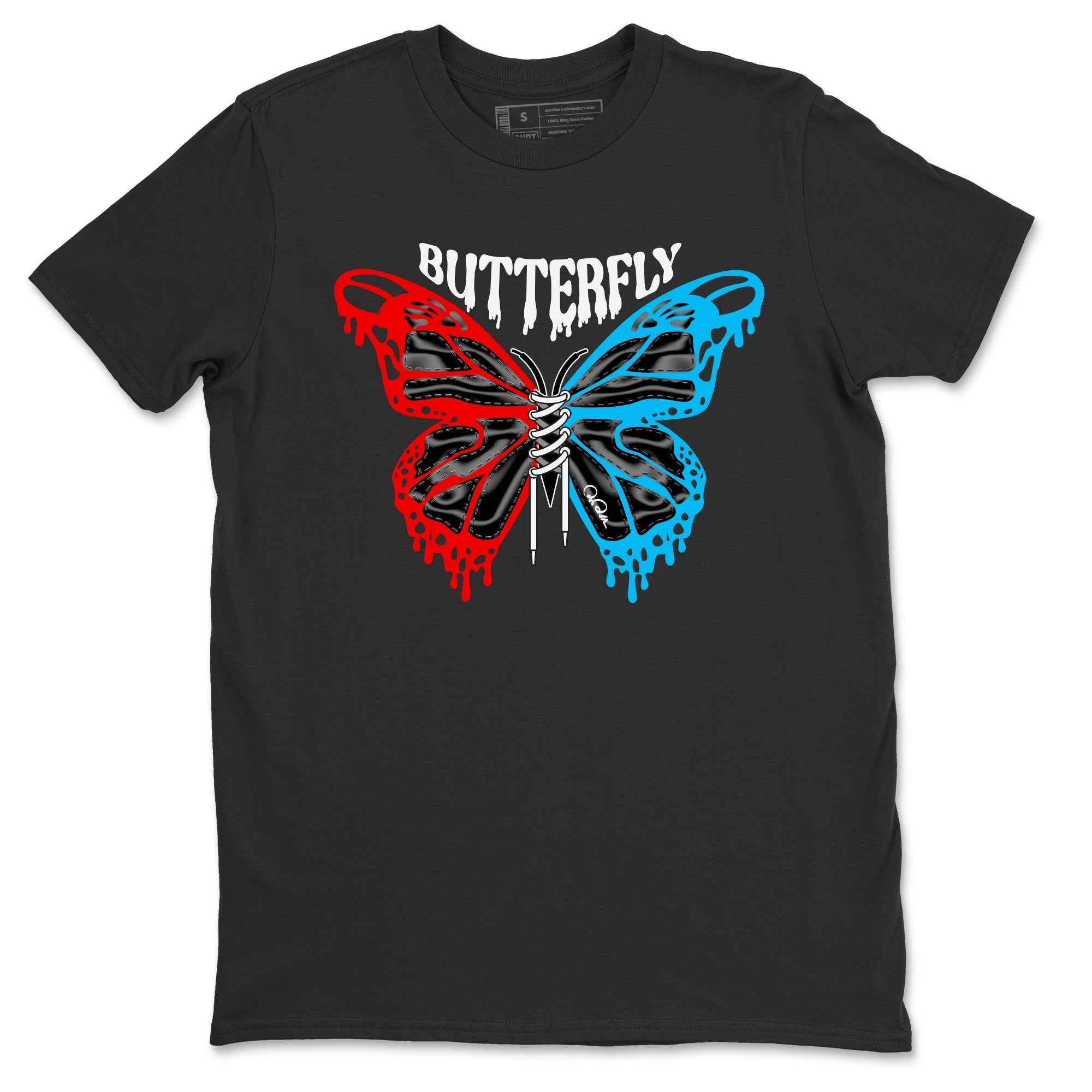 Air Jordan 1 UNC to Chicago Sneaker Match Tees Butterfly Streetwear Sneaker Shirt AJ1 UNC to Chicago Sneaker Release Tees Unisex Shirts Black 2