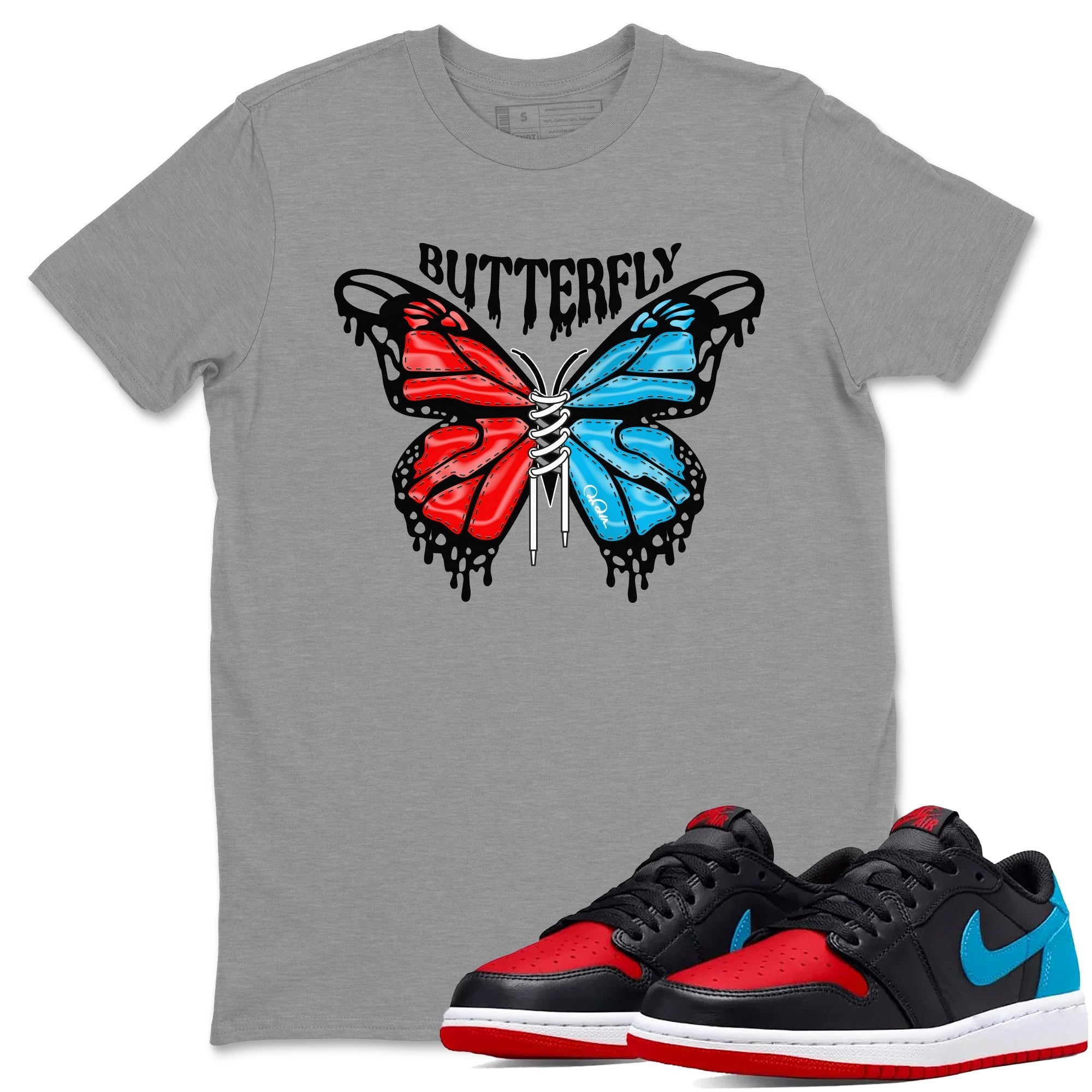 Air Jordan 1 UNC to Chicago Sneaker Match Tees Butterfly Streetwear Sneaker Shirt AJ1 UNC to Chicago Sneaker Release Tees Unisex Shirts Heather Grey 1