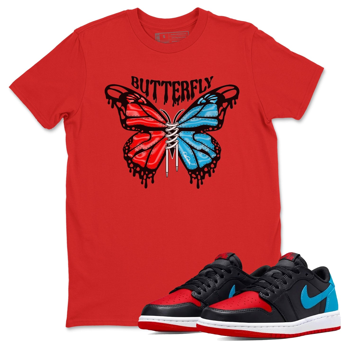 Air Jordan 1 UNC to Chicago Sneaker Match Tees Butterfly Streetwear Sneaker Shirt AJ1 UNC to Chicago Sneaker Release Tees Unisex Shirts Red 1