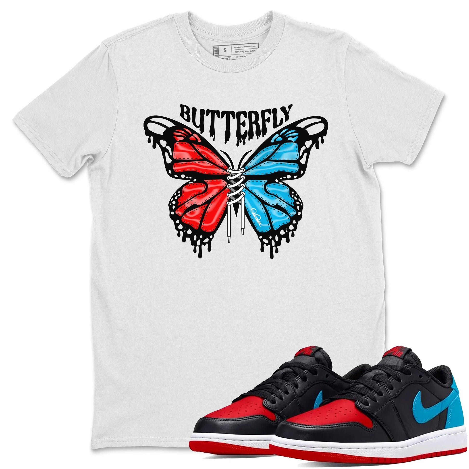 Air Jordan 1 UNC to Chicago Sneaker Match Tees Butterfly Streetwear Sneaker Shirt AJ1 UNC to Chicago Sneaker Release Tees Unisex Shirts White 1