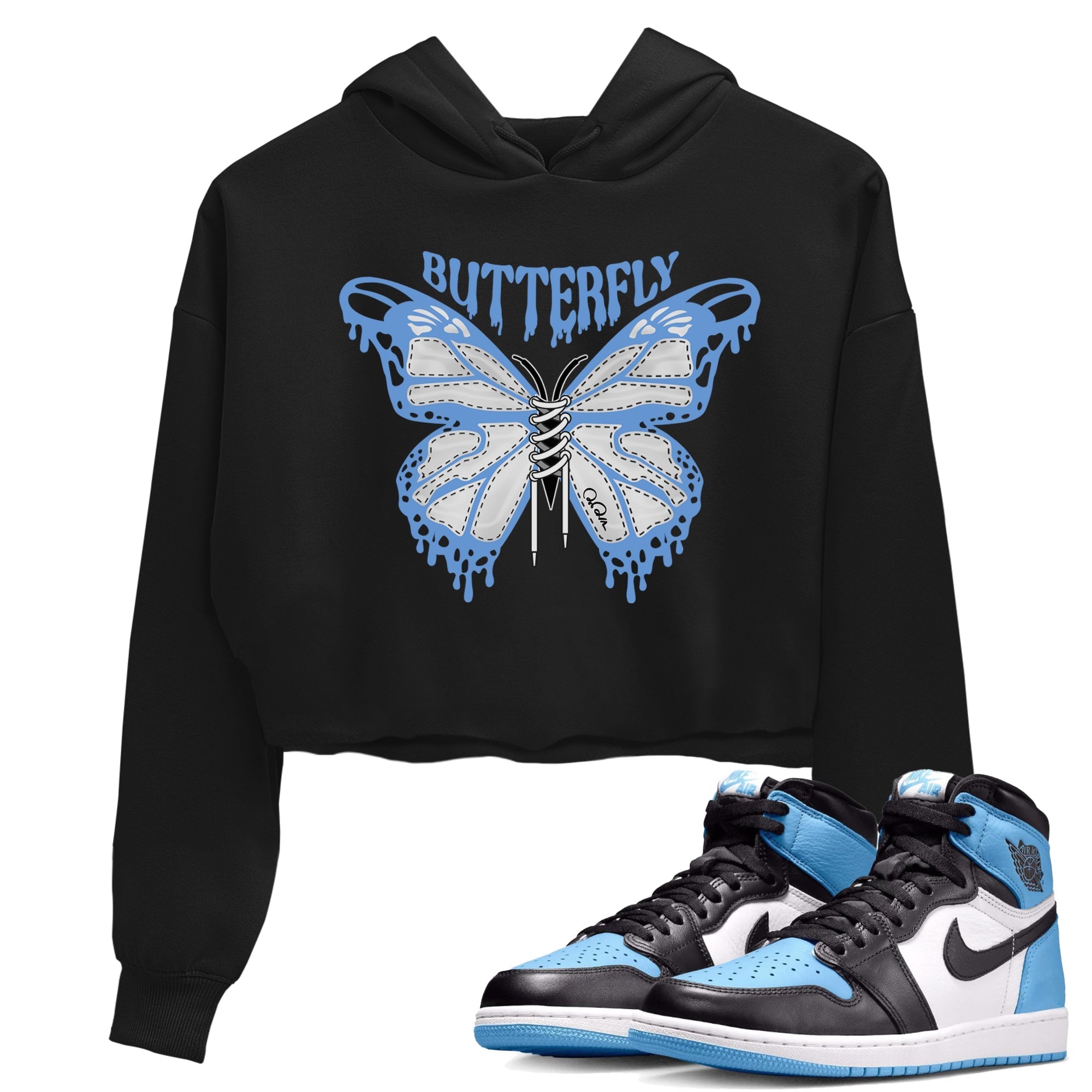 Air Jordan 1 Retro High OG UNC Toe Shirt to match Jordans Butterfly Streetwear Sneaker Shirt 1s UNC Toe Drip Gear Zone Sneaker Matching Clothing Crop T-Shirts Black 1