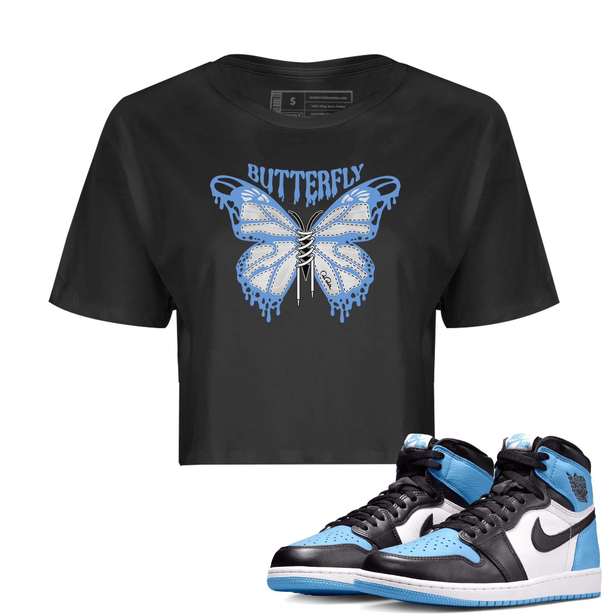 Air Jordan 1 Retro High OG UNC Toe Shirt to match Jordans Butterfly Streetwear Sneaker Shirt 1s UNC Toe Drip Gear Zone Sneaker Matching Clothing Crop T-Shirts Black 1