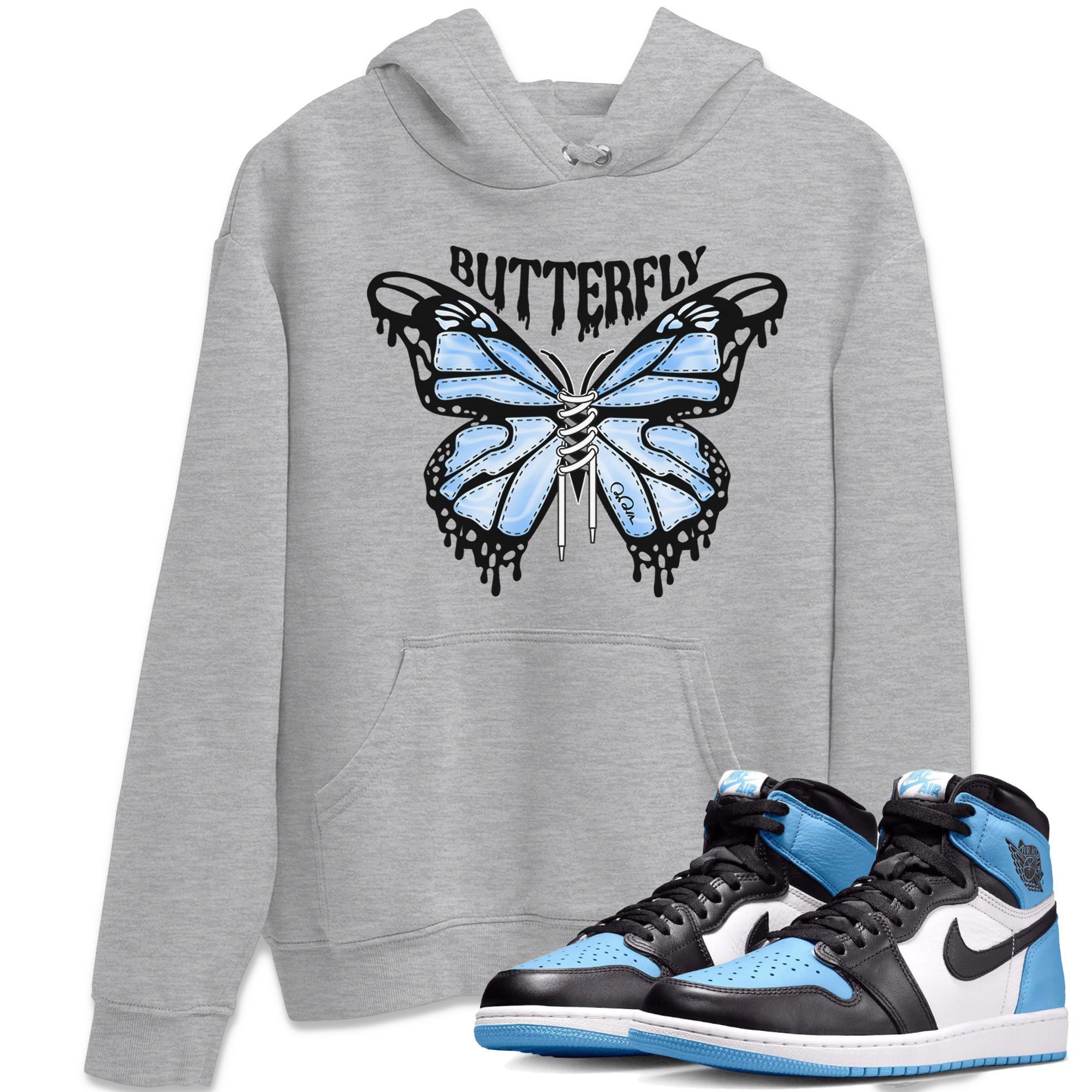 Air Jordan 1 Retro High OG UNC Toe Shirt to match Jordans Butterfly Streetwear Sneaker Shirt 1s UNC Toe Drip Gear Zone Sneaker Matching Clothing Crew Neck T-Shirts Heather Grey 1