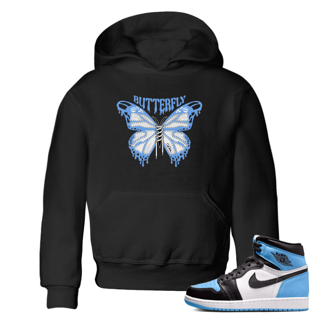 Air Jordan 1 Retro High OG UNC Toe Shirt to match Jordans Butterfly Streetwear Sneaker Shirt 1s UNC Toe Drip Gear Zone Sneaker Matching Clothing Kids and Baby Tees Black 1