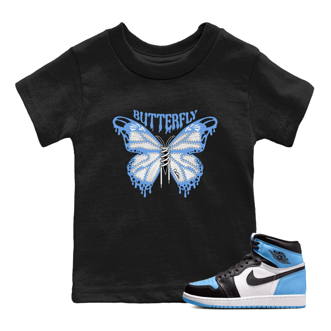 Air Jordan 1 Retro High OG UNC Toe Shirt to match Jordans Butterfly Streetwear Sneaker Shirt 1s UNC Toe Drip Gear Zone Sneaker Matching Clothing Kids and Baby Tees Black 1