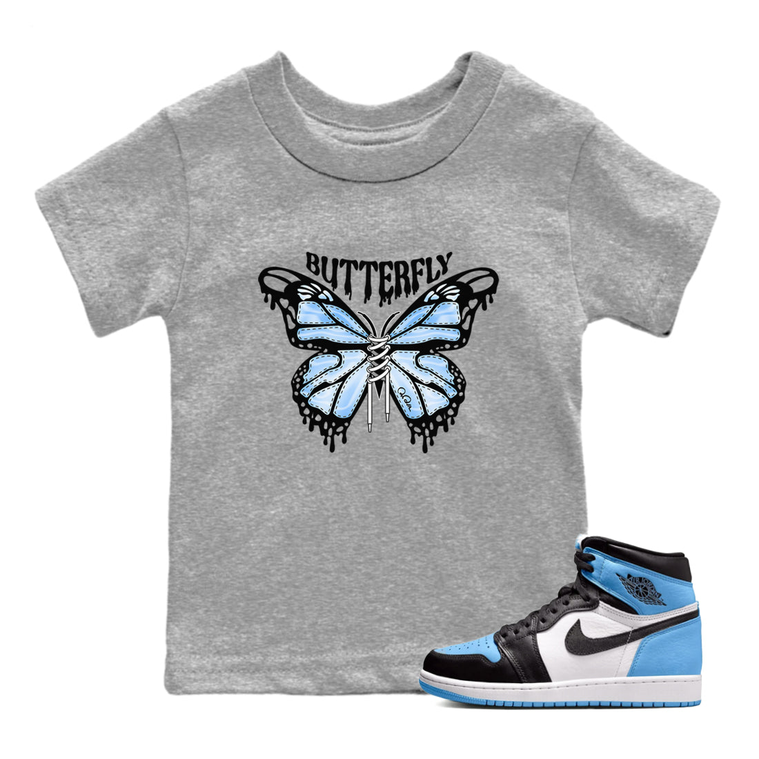 Air Jordan 1 Retro High OG UNC Toe Shirt to match Jordans Butterfly Streetwear Sneaker Shirt 1s UNC Toe Drip Gear Zone Sneaker Matching Clothing Kids and Baby Tees Heather Grey 1