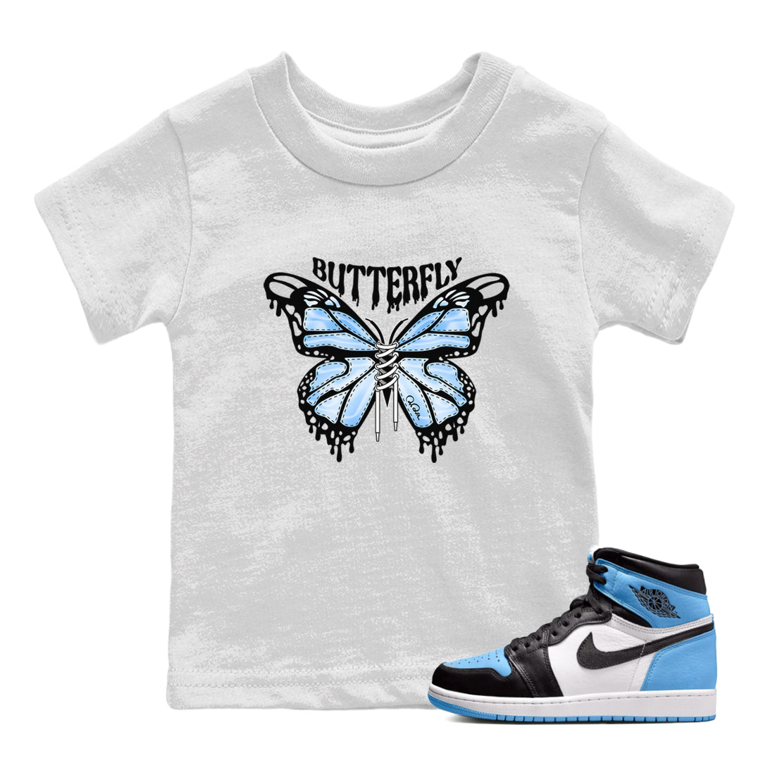 Air Jordan 1 Retro High OG UNC Toe Shirt to match Jordans Butterfly Streetwear Sneaker Shirt 1s UNC Toe Drip Gear Zone Sneaker Matching Clothing Kids and Baby Tees White 1