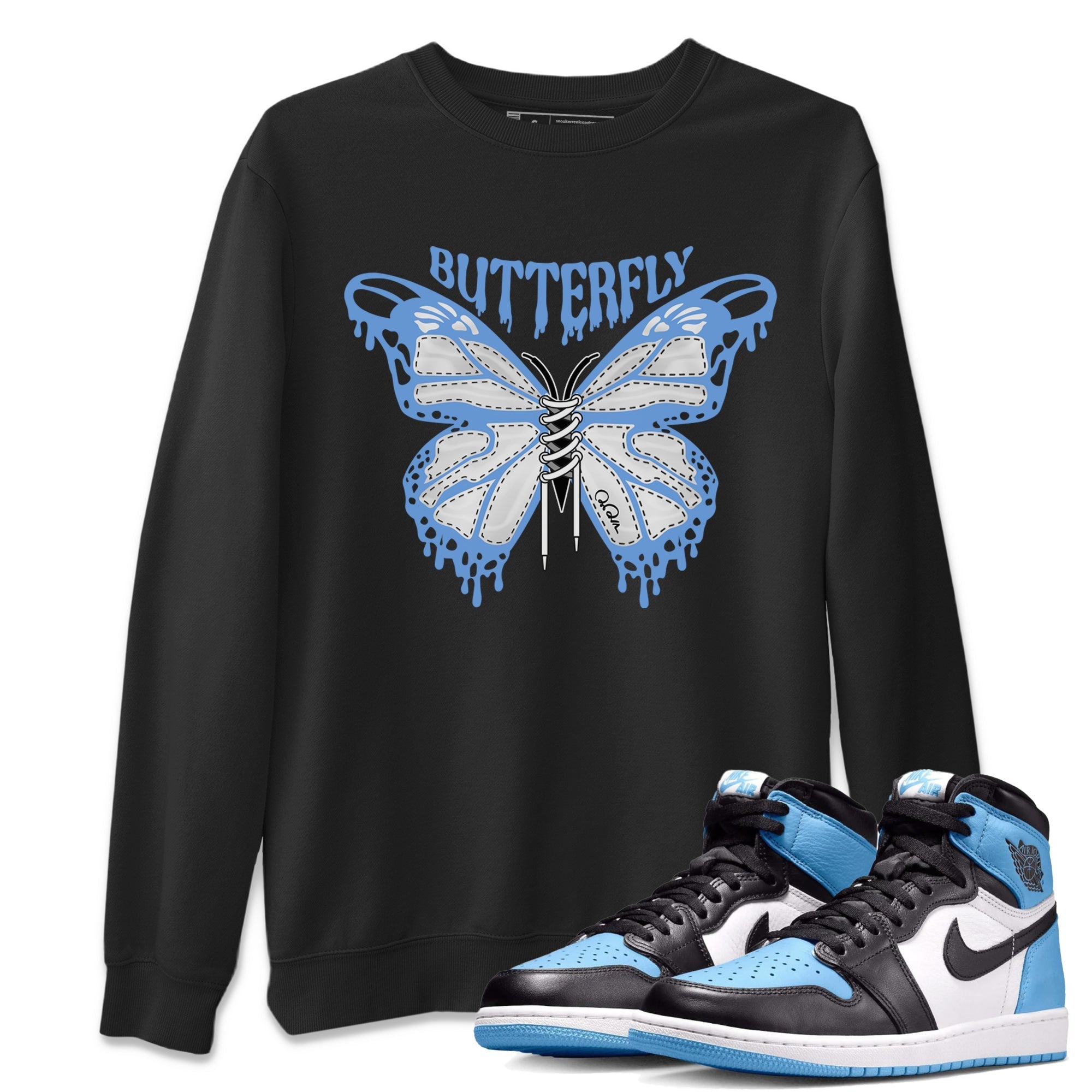 Air Jordan 1 Retro High OG UNC Toe Shirt to match Jordans Butterfly Streetwear Sneaker Shirt 1s UNC Toe Drip Gear Zone Sneaker Matching Clothing Crew Neck T-Shirts Black 1