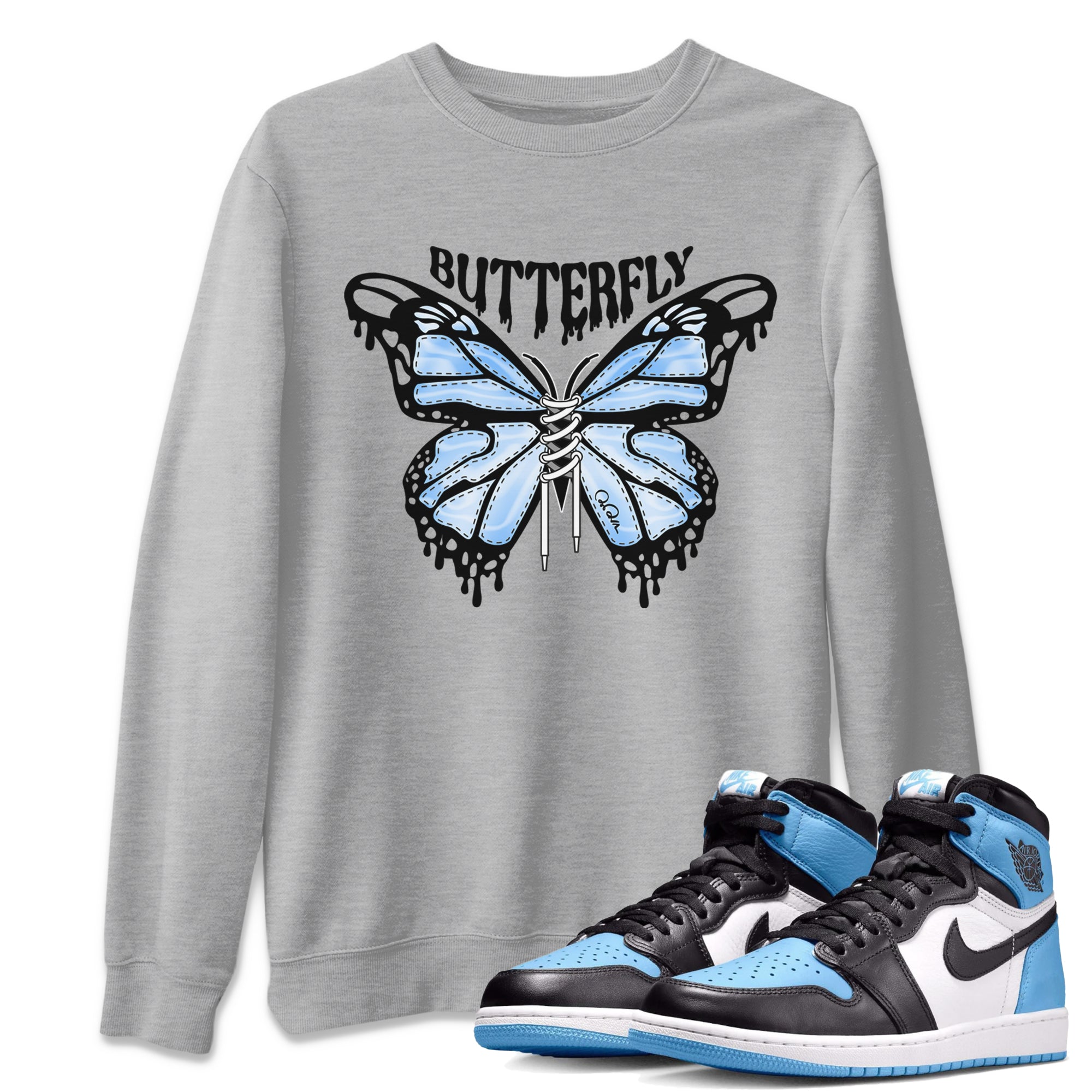 Air Jordan 1 Retro High OG UNC Toe Shirt to match Jordans Butterfly Streetwear Sneaker Shirt 1s UNC Toe Drip Gear Zone Sneaker Matching Clothing Crew Neck T-Shirts Heather Grey 1