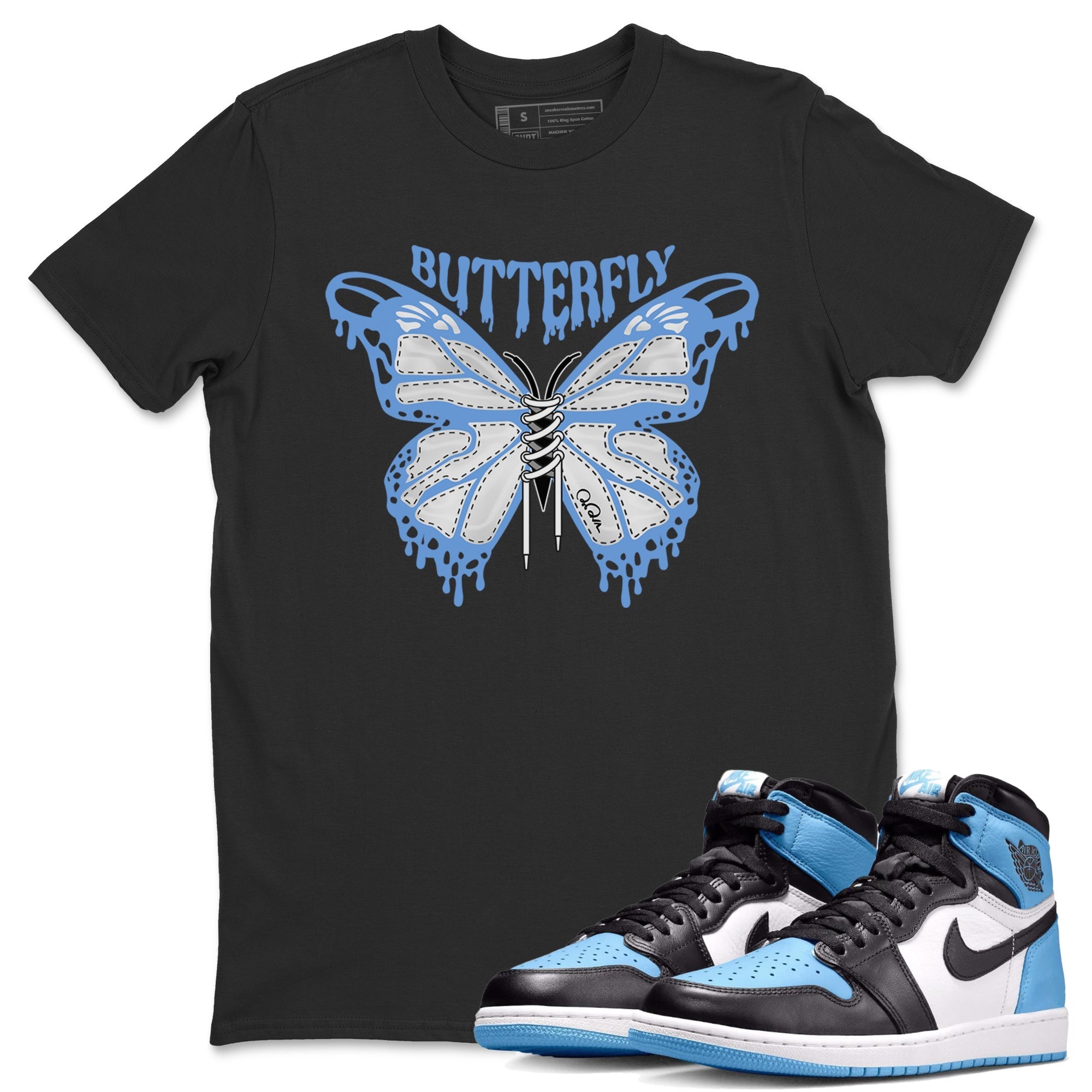 Air Jordan 1 Retro High OG UNC Toe Shirt to match Jordans Butterfly Streetwear Sneaker Shirt 1s UNC Toe Drip Gear Zone Sneaker Matching Clothing Crew Neck T-Shirts Black 1