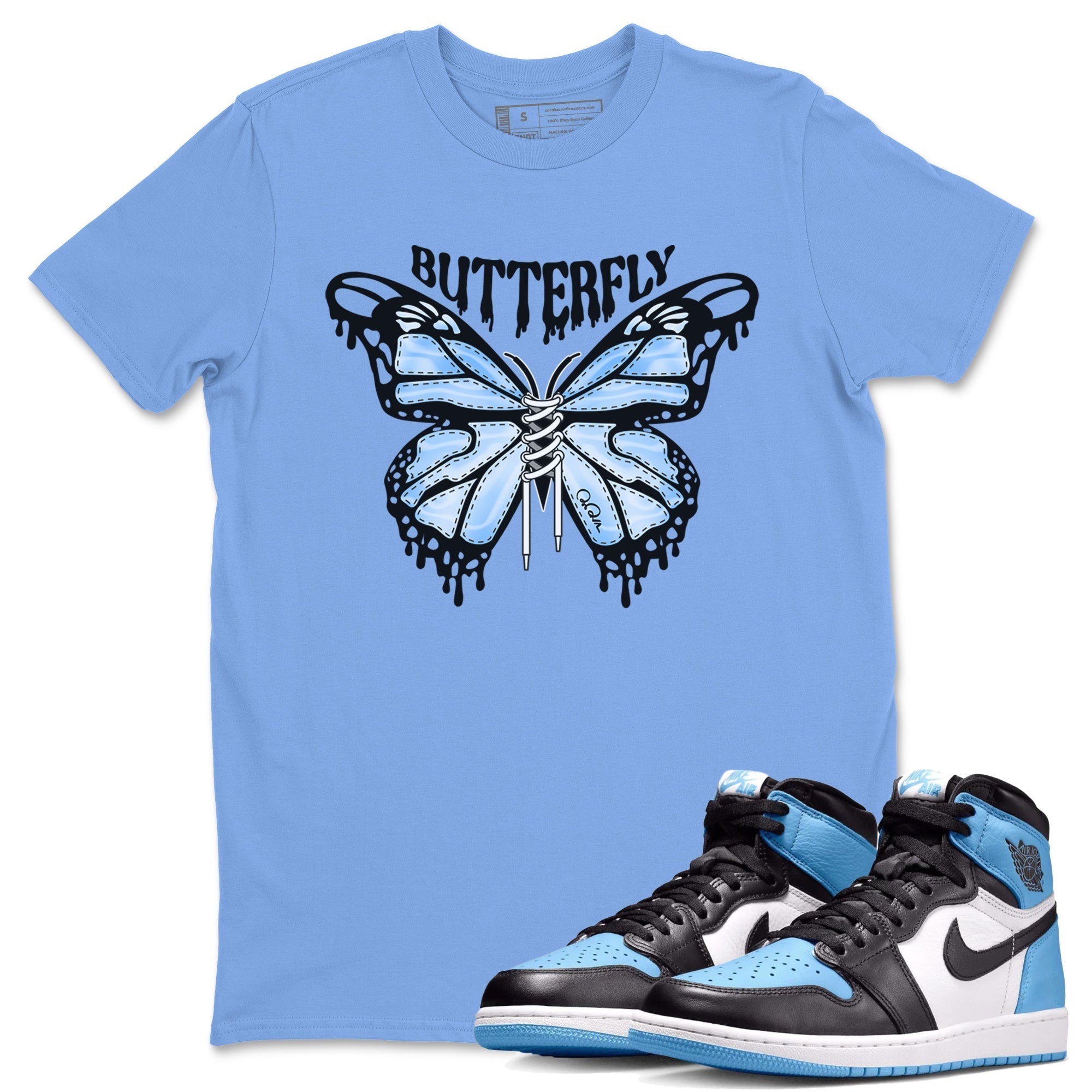 Air Jordan 1 Retro High OG UNC Toe Shirt to match Jordans Butterfly Streetwear Sneaker Shirt 1s UNC Toe Drip Gear Zone Sneaker Matching Clothing Crew Neck T-Shirts Carolina Blue 1