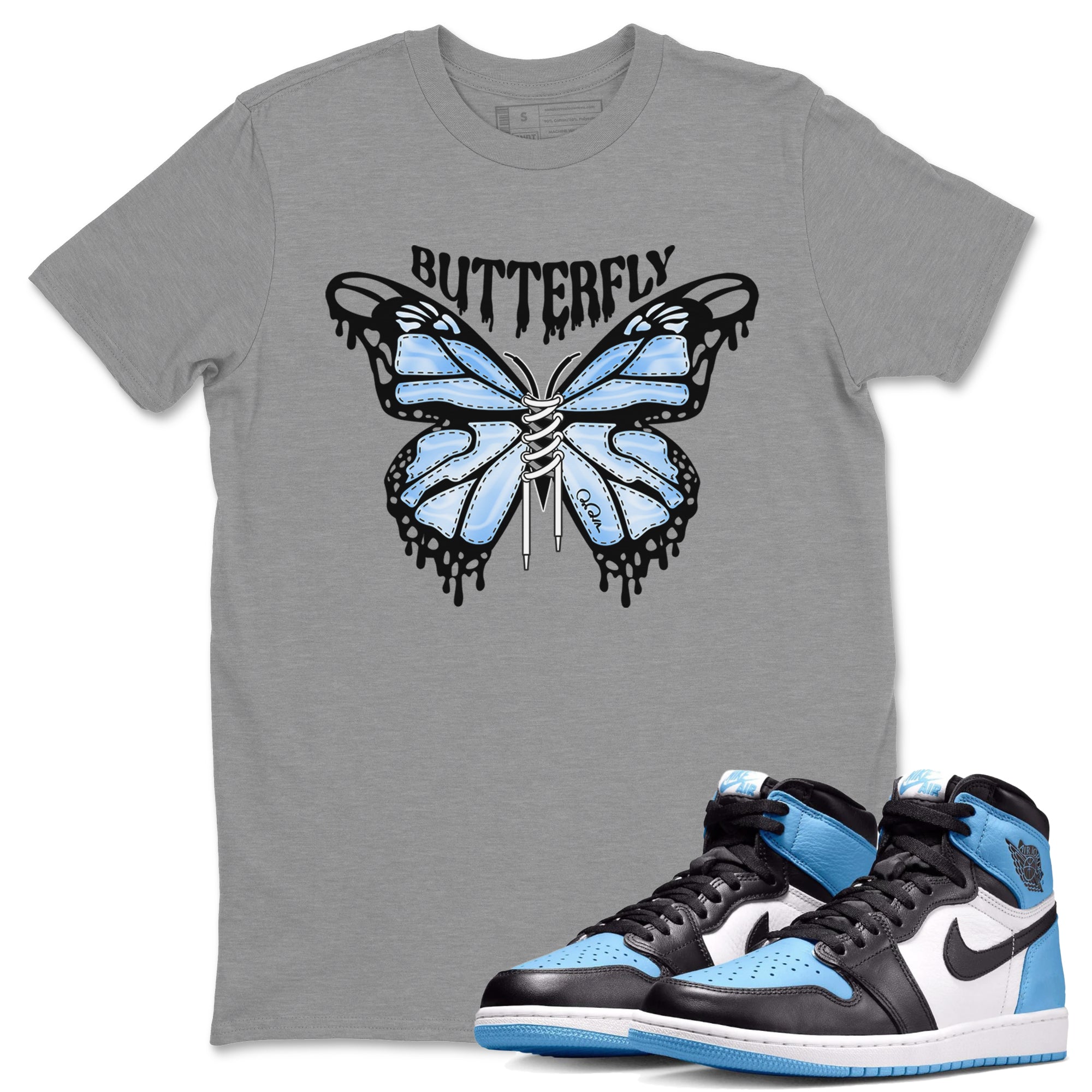 Air Jordan 1 Retro High OG UNC Toe Shirt to match Jordans Butterfly Streetwear Sneaker Shirt 1s UNC Toe Drip Gear Zone Sneaker Matching Clothing Crew Neck T-Shirts Heather Grey 1