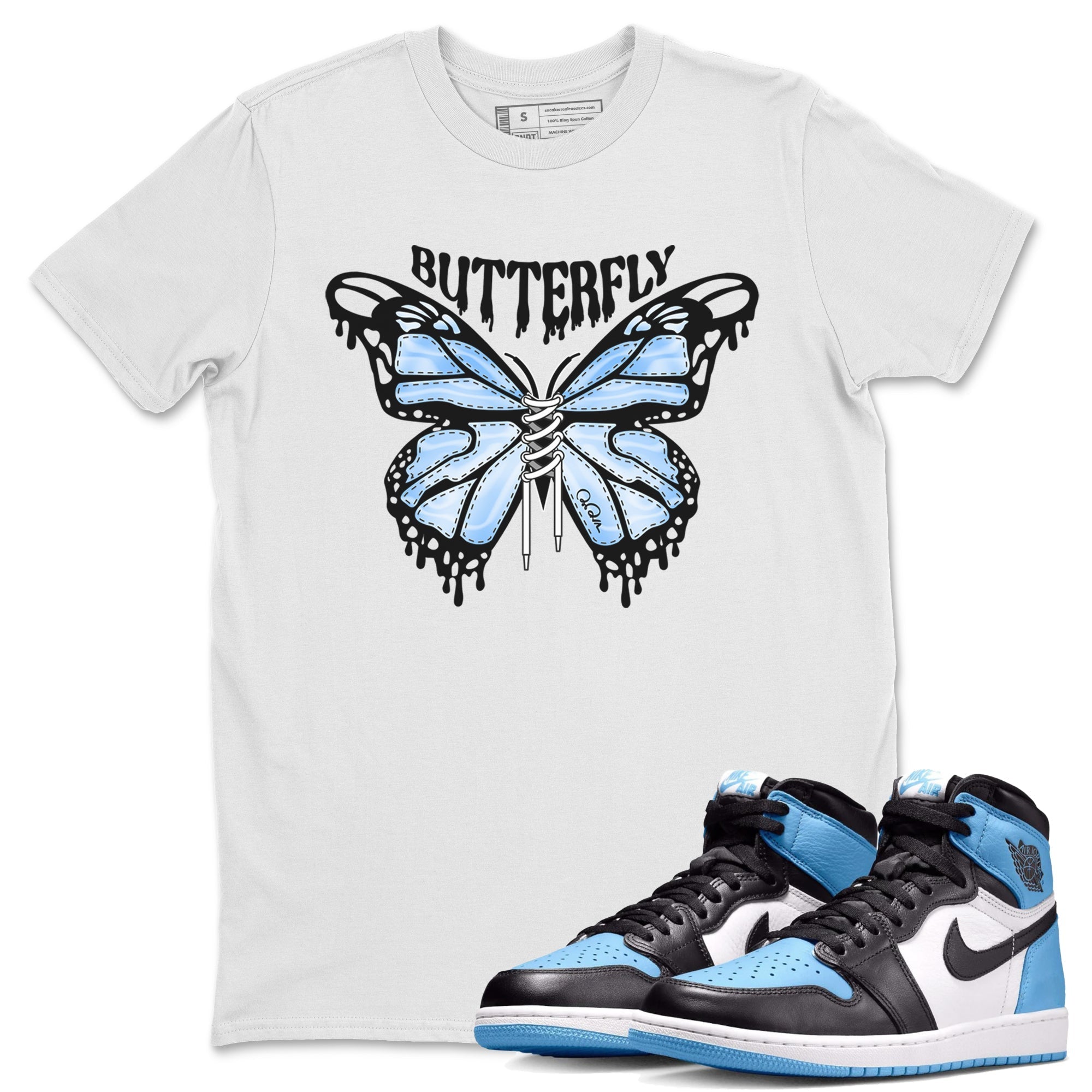 Air Jordan 1 Retro High OG UNC Toe Shirt to match Jordans Butterfly Streetwear Sneaker Shirt 1s UNC Toe Drip Gear Zone Sneaker Matching Clothing Crew Neck T-Shirts White 1