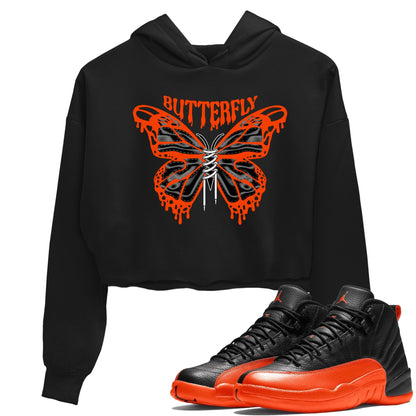 Air Jordan 12 Brilliant Orange Sneaker Match Tees Butterfly Sneaker Tees AJ12 Brilliant Orange Sneaker Release Tees Women's Shirts Black 1