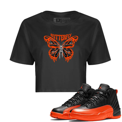 Air Jordan 12 Brilliant Orange Sneaker Match Tees Butterfly Sneaker Tees AJ12 Brilliant Orange Sneaker Release Tees Women's Shirts Black 1
