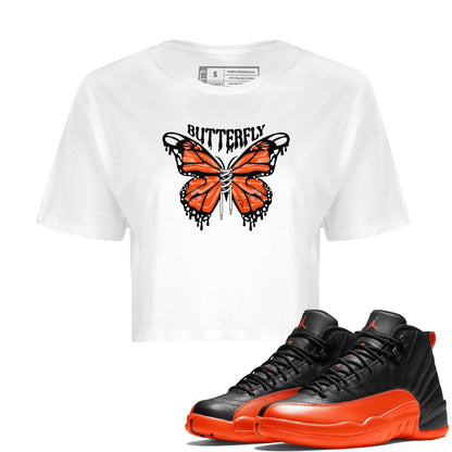 Air Jordan 12 Brilliant Orange Sneaker Match Tees Butterfly Sneaker Tees AJ12 Brilliant Orange Sneaker Release Tees Women's Shirts White 1
