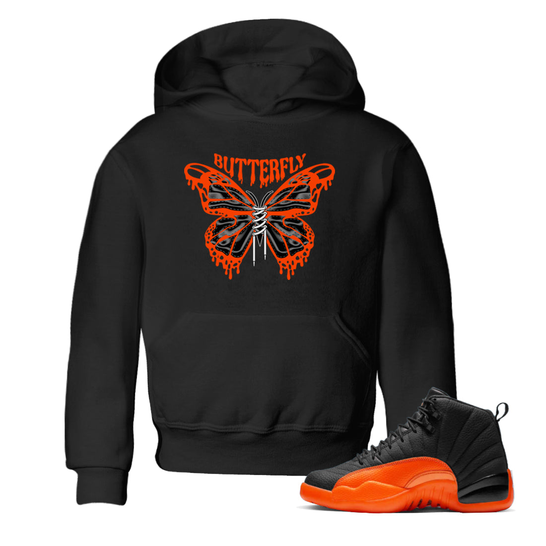 Air Jordan 12 Brilliant Orange Sneaker Match Tees Butterfly Sneaker Tees AJ12 Brilliant Orange Sneaker Release Tees Kids Shirts Black 1