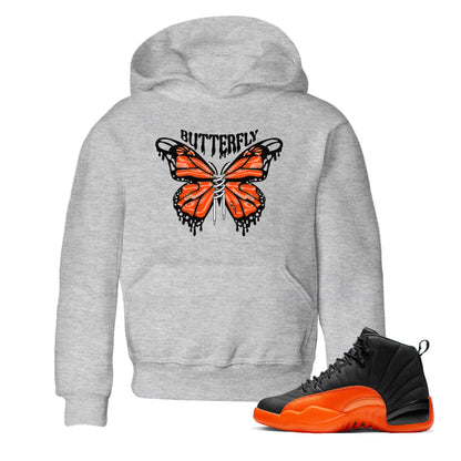 Air Jordan 12 Brilliant Orange Sneaker Match Tees Butterfly Sneaker Tees AJ12 Brilliant Orange Sneaker Release Tees Kids Shirts Heather Grey 1