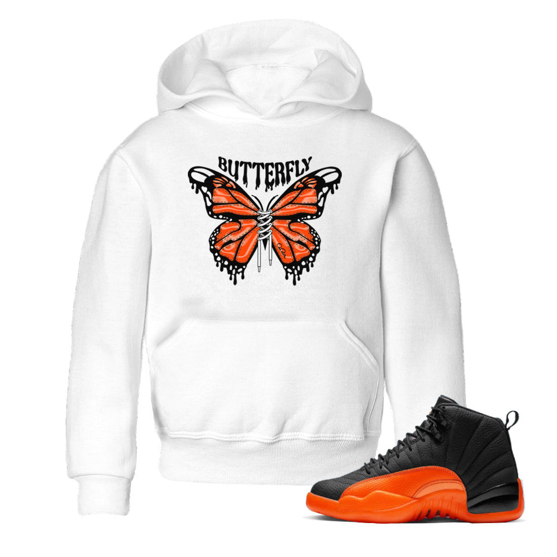Air Jordan 12 Brilliant Orange Sneaker Match Tees Butterfly Sneaker Tees AJ12 Brilliant Orange Sneaker Release Tees Kids Shirts White 1