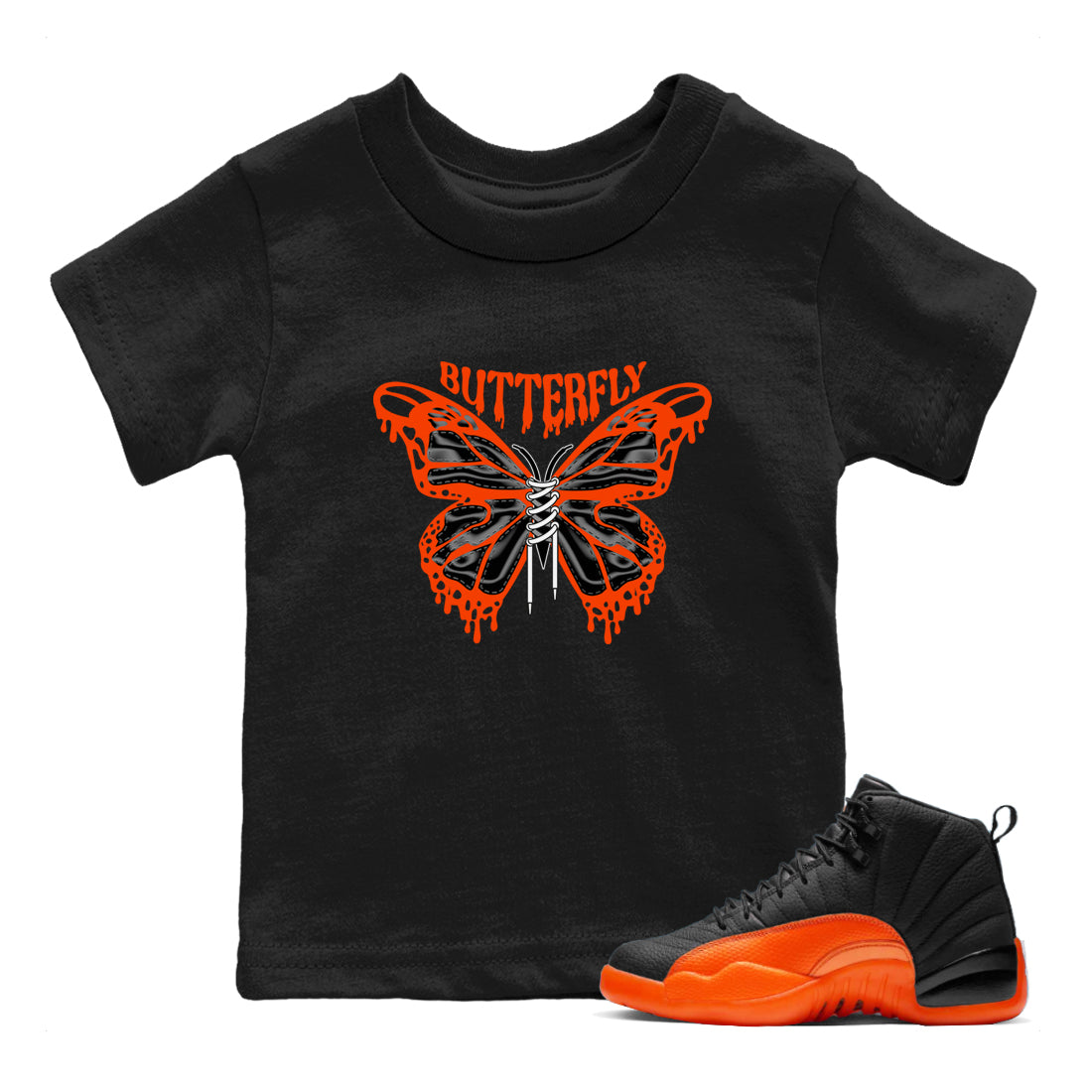 Air Jordan 12 Brilliant Orange Sneaker Match Tees Butterfly Sneaker Tees AJ12 Brilliant Orange Sneaker Release Tees Kids Shirts Black 1