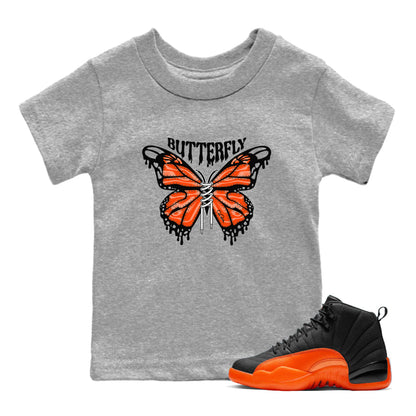Air Jordan 12 Brilliant Orange Sneaker Match Tees Butterfly Sneaker Tees AJ12 Brilliant Orange Sneaker Release Tees Kids Shirts Heather Grey 1