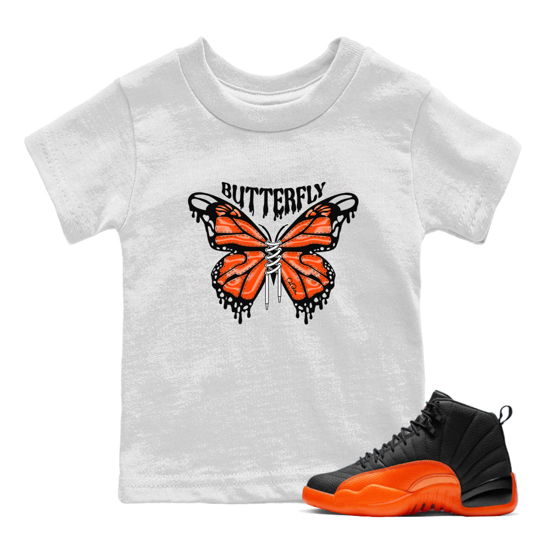 Air Jordan 12 Brilliant Orange Sneaker Match Tees Butterfly Sneaker Tees AJ12 Brilliant Orange Sneaker Release Tees Kids Shirts White 1