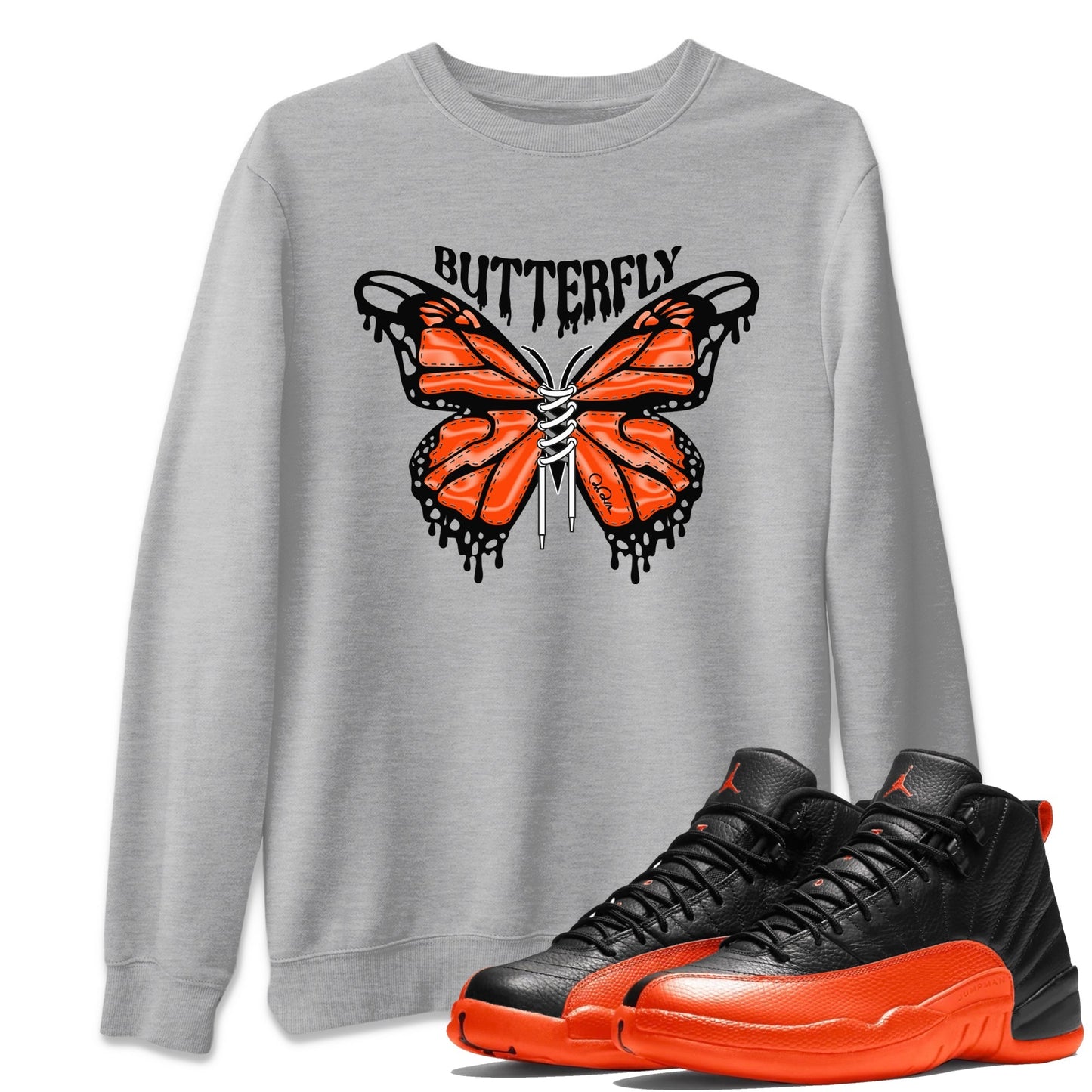 Air Jordan 12 Brilliant Orange Sneaker Match Tees Butterfly Sneaker Tees AJ12 Brilliant Orange Sneaker Release Tees Unisex Shirts Heather Grey 1