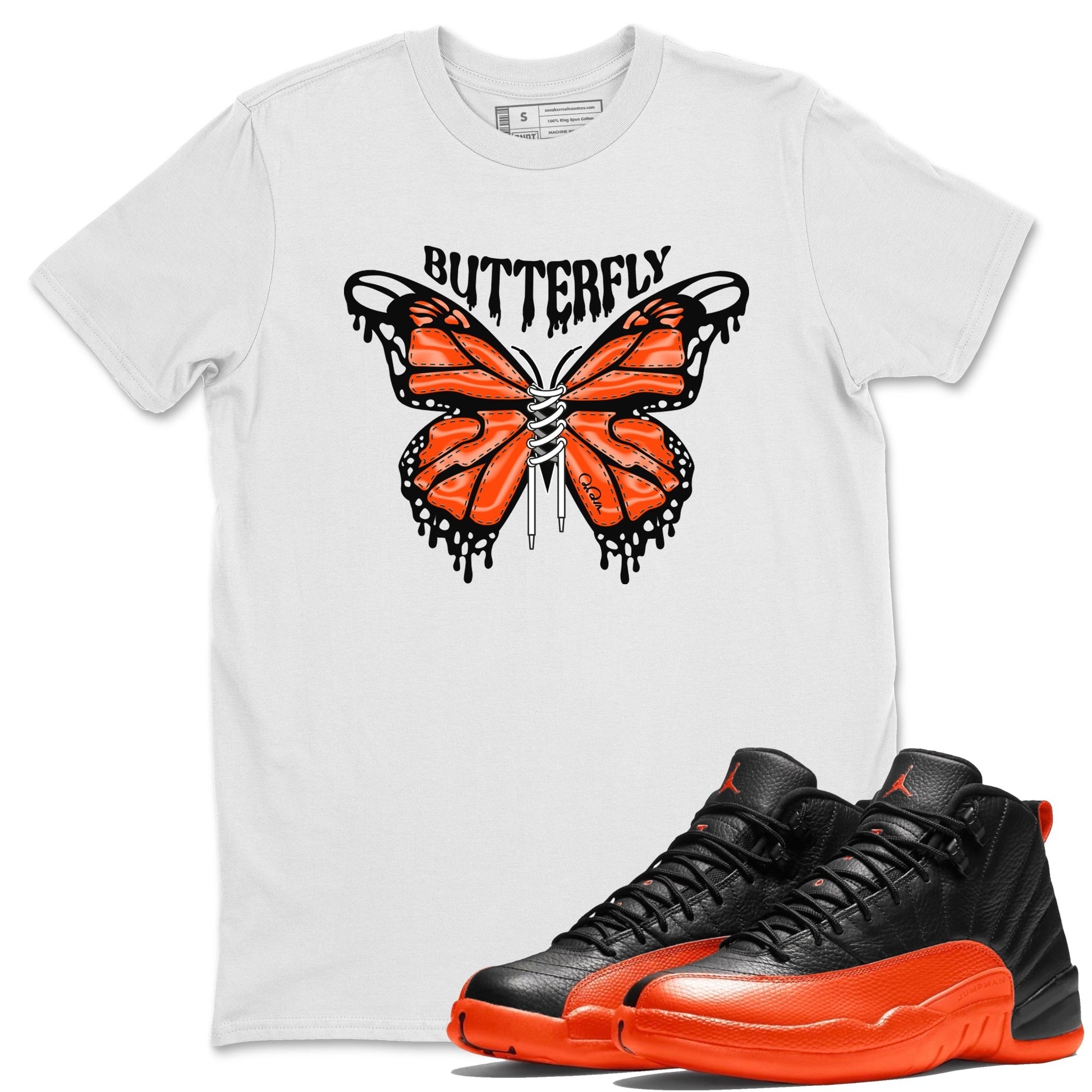 Air Jordan 12 Brilliant Orange Sneaker Match Tees Butterfly Sneaker Tees AJ12 Brilliant Orange Sneaker Release Tees Unisex Shirts White 1