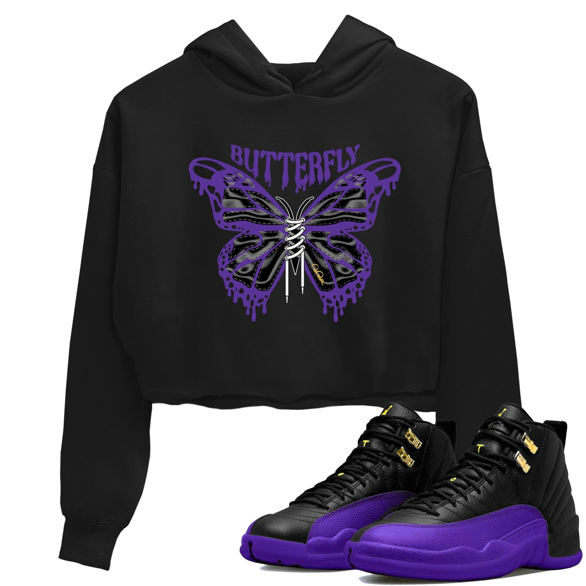 Air Jordan 12 Field Purple Sneaker Match Tees Butterfly Sneaker Tees AJ12 Field Purple Sneaker Release Tees Women's Shirts Black 1