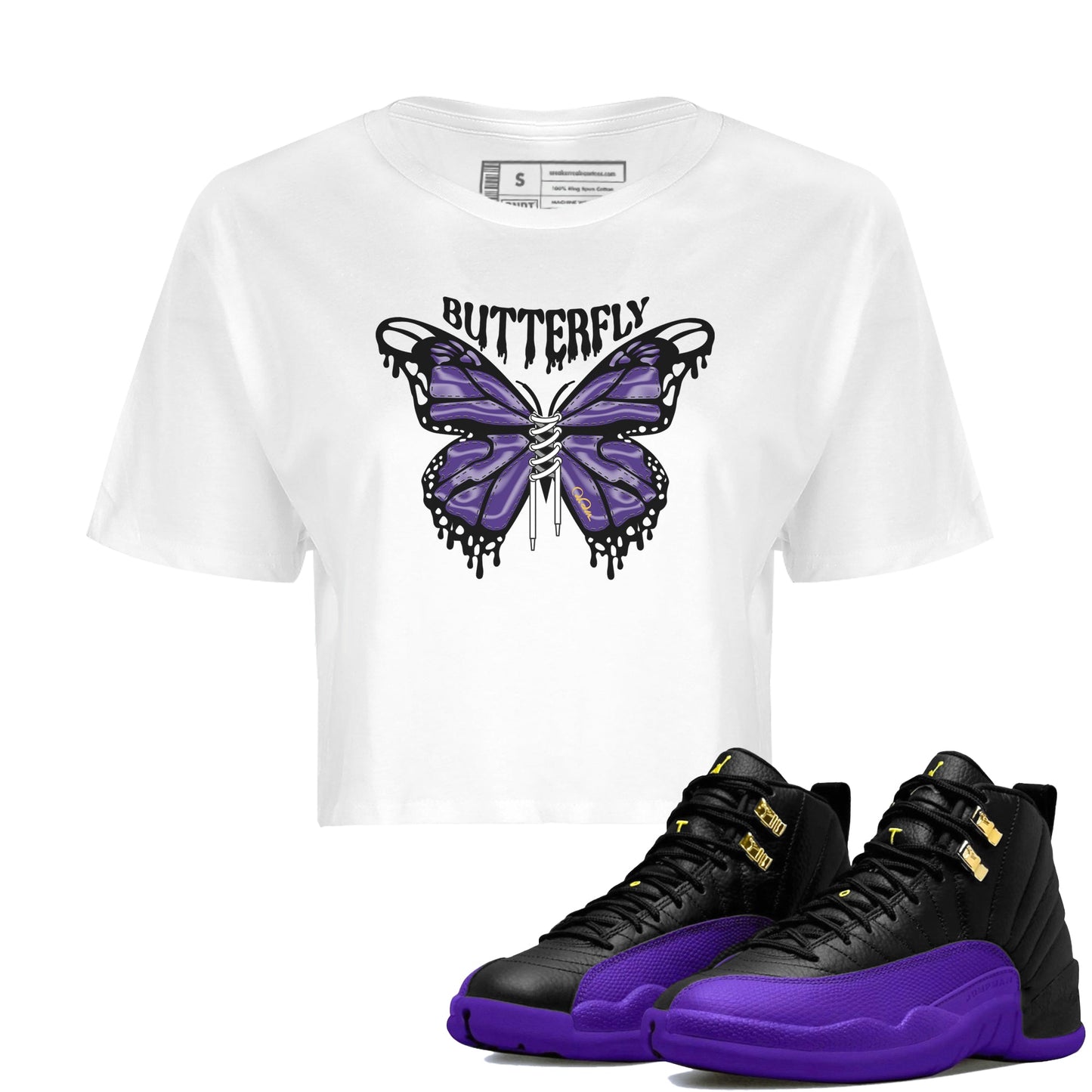 Air Jordan 12 Field Purple Sneaker Match Tees Butterfly Sneaker Tees AJ12 Field Purple Sneaker Release Tees Women's Shirts White 1