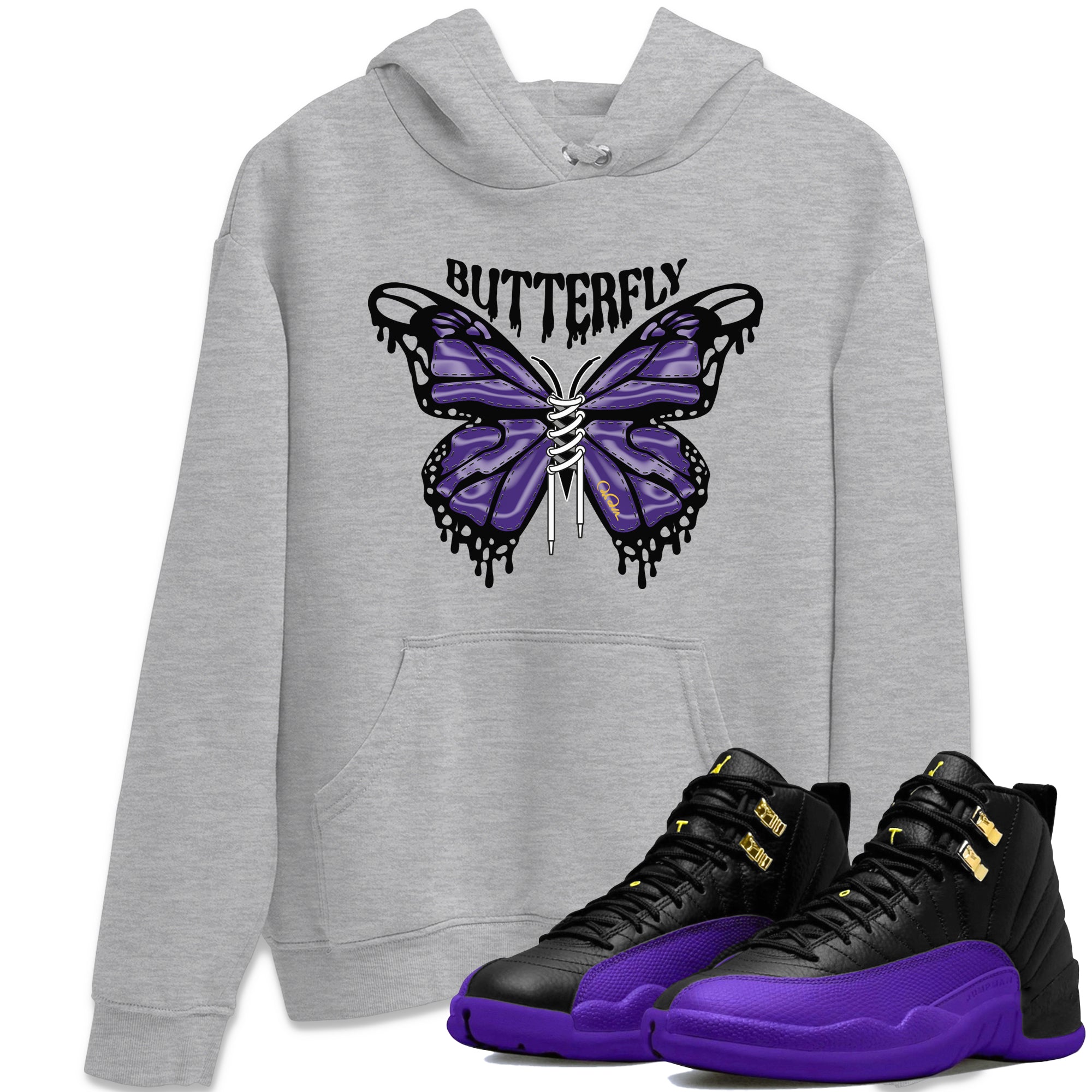 Air Jordan 12 Field Purple Sneaker Match Tees Butterfly Sneaker Tees AJ12 Field Purple Sneaker Release Tees Unisex Shirts Heather Grey 1