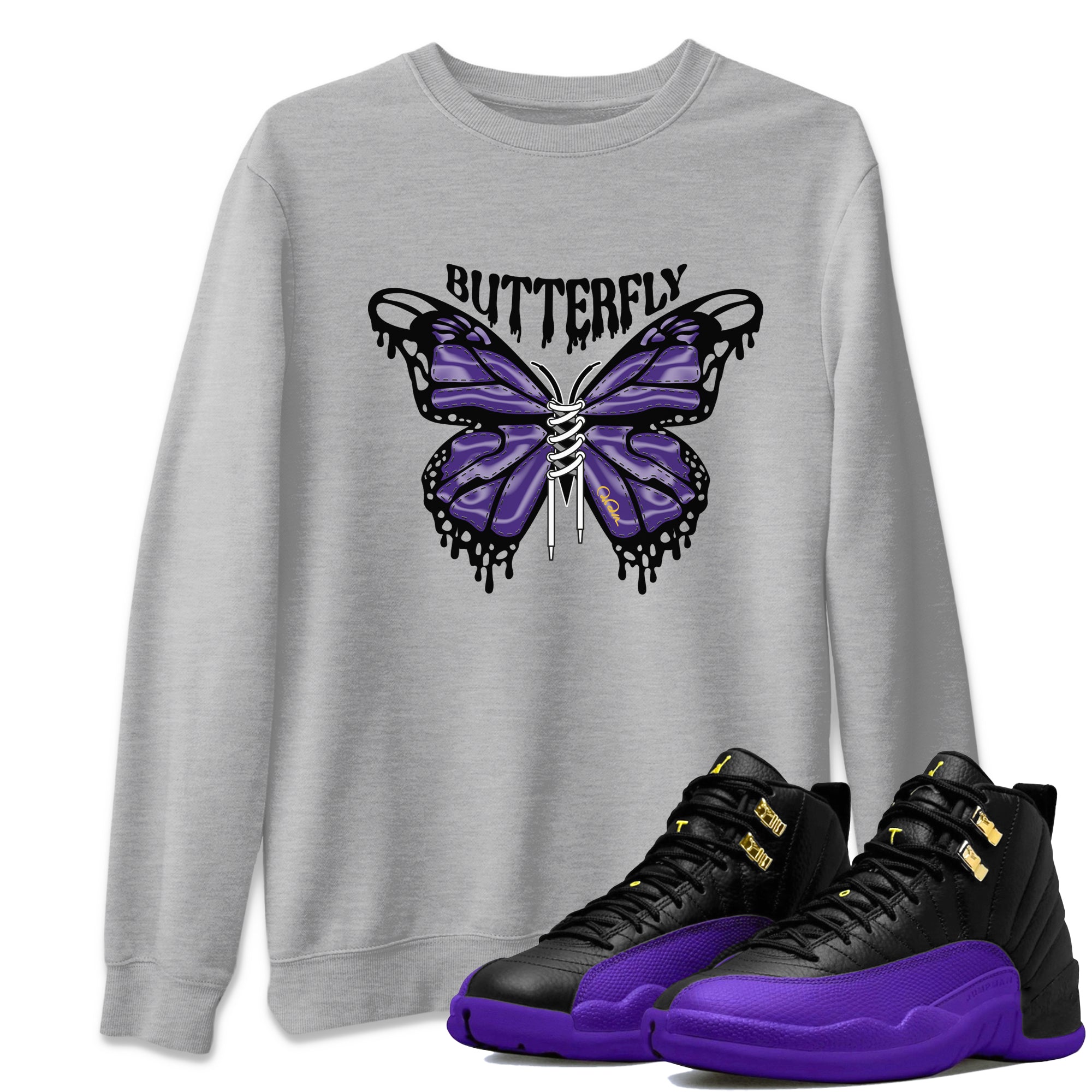 Air Jordan 12 Field Purple Sneaker Match Tees Butterfly Sneaker Tees AJ12 Field Purple Sneaker Release Tees Unisex Shirts Heather Grey 1