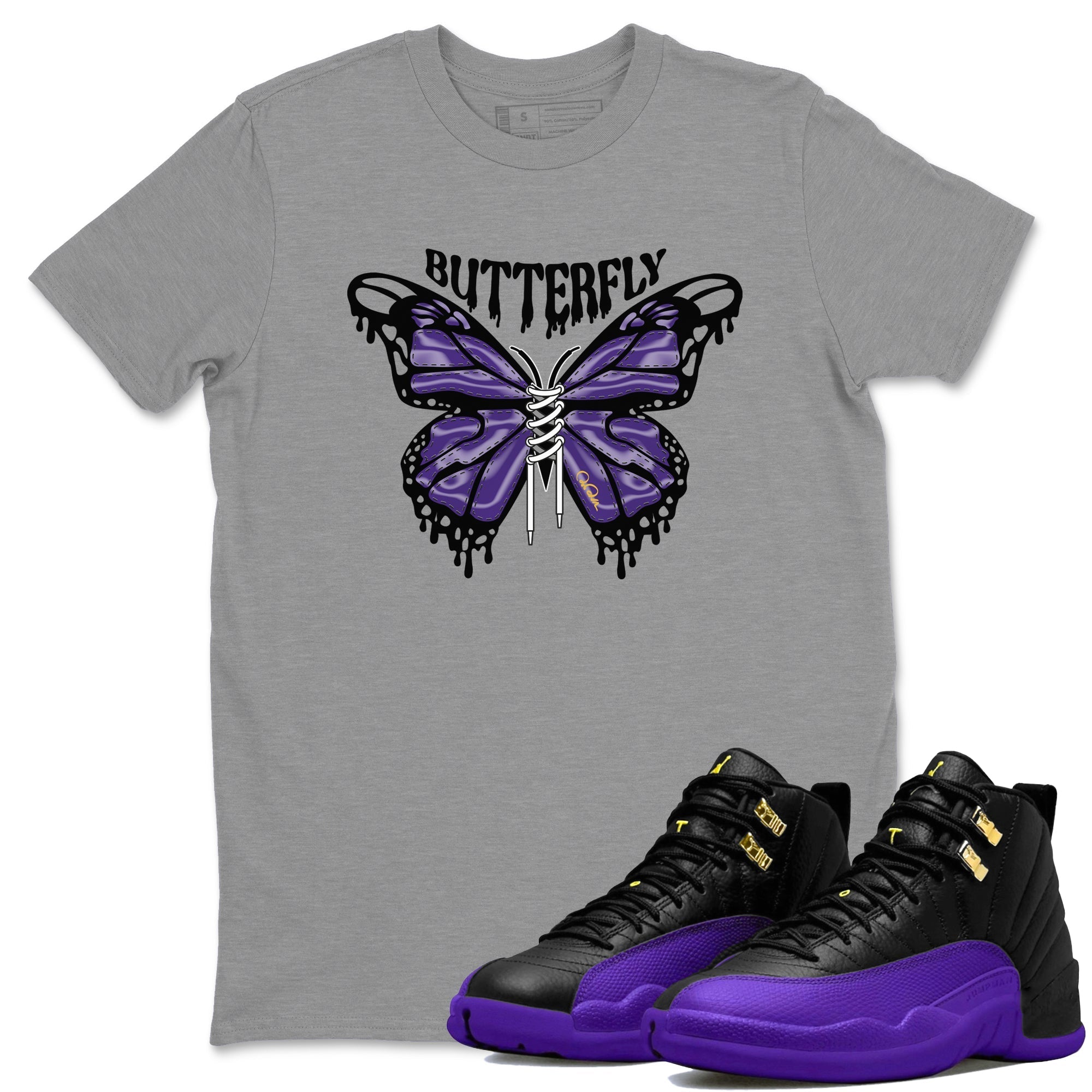 Air Jordan 12 Field Purple Sneaker Match Tees Butterfly Sneaker Tees AJ12 Field Purple Sneaker Release Tees Unisex Shirts Heather Grey 1
