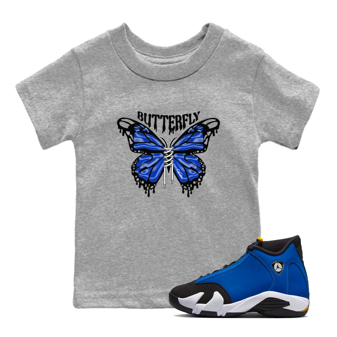 Air Jordan 14 Laney Sneaker Match Tees Butterfly Streetwear Sneaker Shirt AJ14 Laney Sneaker Release Tees Kids Shirts Heather Grey 1