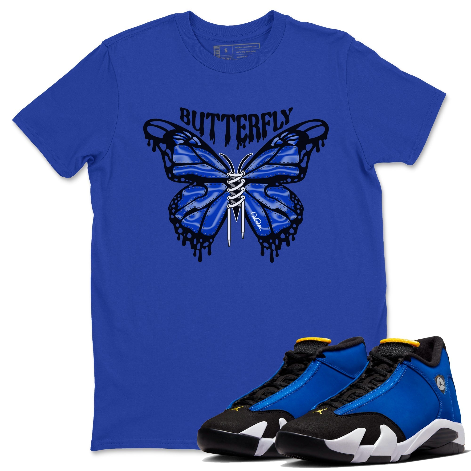 Air Jordan 14 Laney Drip Gear Zone Butterfly Sneaker Tees AJ14 Laney Sneaker Release Tees Unisex Shirts Royal Blue 1