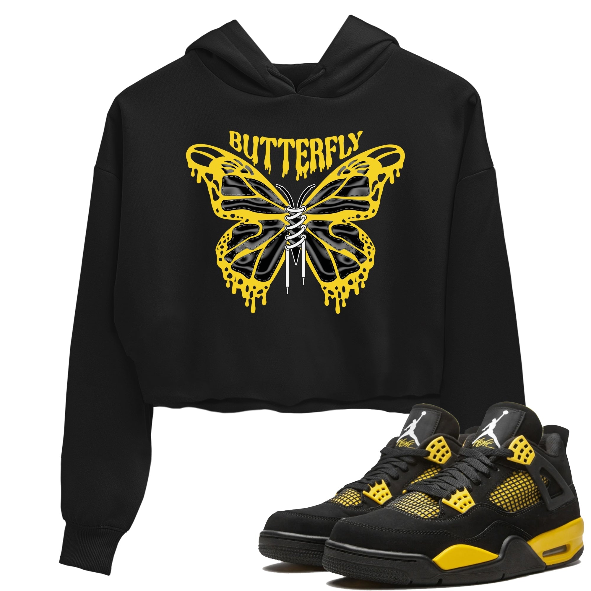 Air Jordan 4 Thunder Sneaker Match Tees Butterfly Sneaker Tees AJ4 Thunder Sneaker Release Tees Women's Shirts Black 1