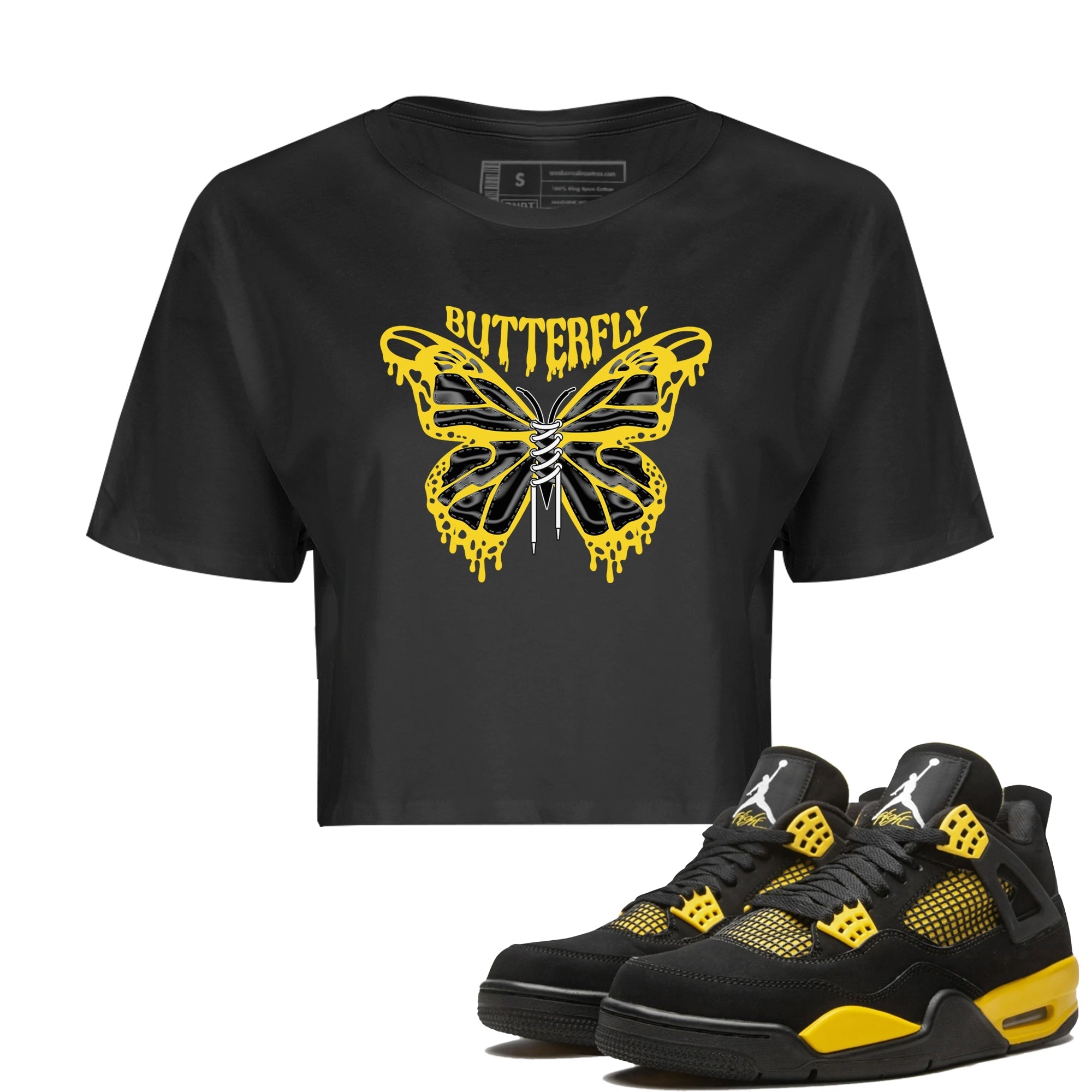 Air Jordan 4 Thunder Sneaker Match Tees Butterfly Sneaker Tees AJ4 Thunder Sneaker Release Tees Women's Shirts Black 1